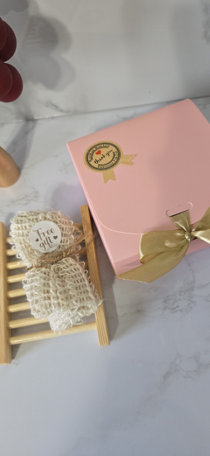Handmade Rice Soap Gift Set – with Bamboo Soap Dish & Exfoliating Soap Saver Bag