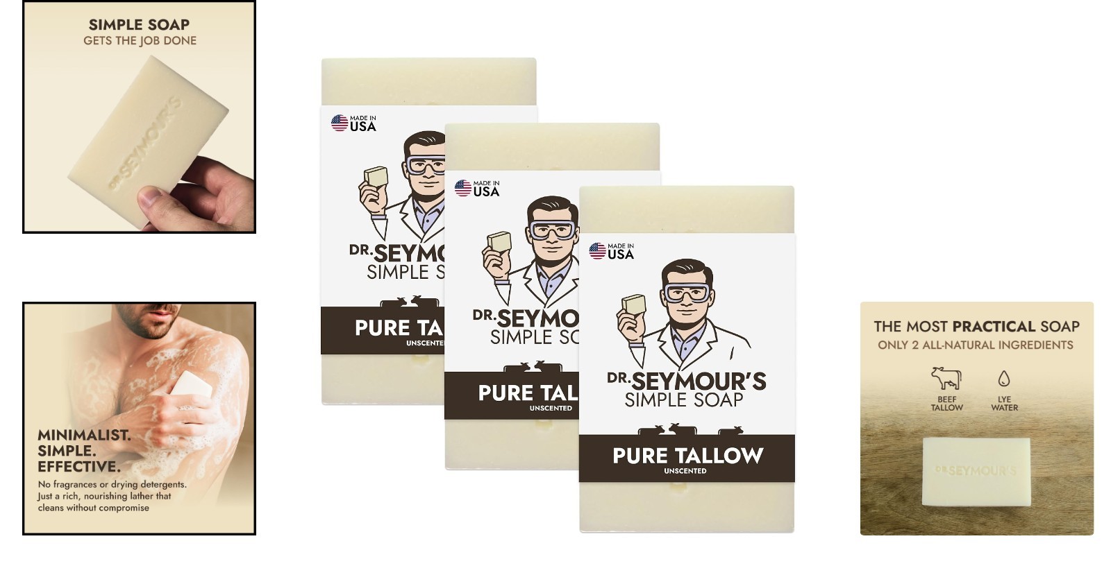 Handmade Pure Beef Tallow Soap Bar 3-Pack – Fragrance-Free, All-Natural Wash