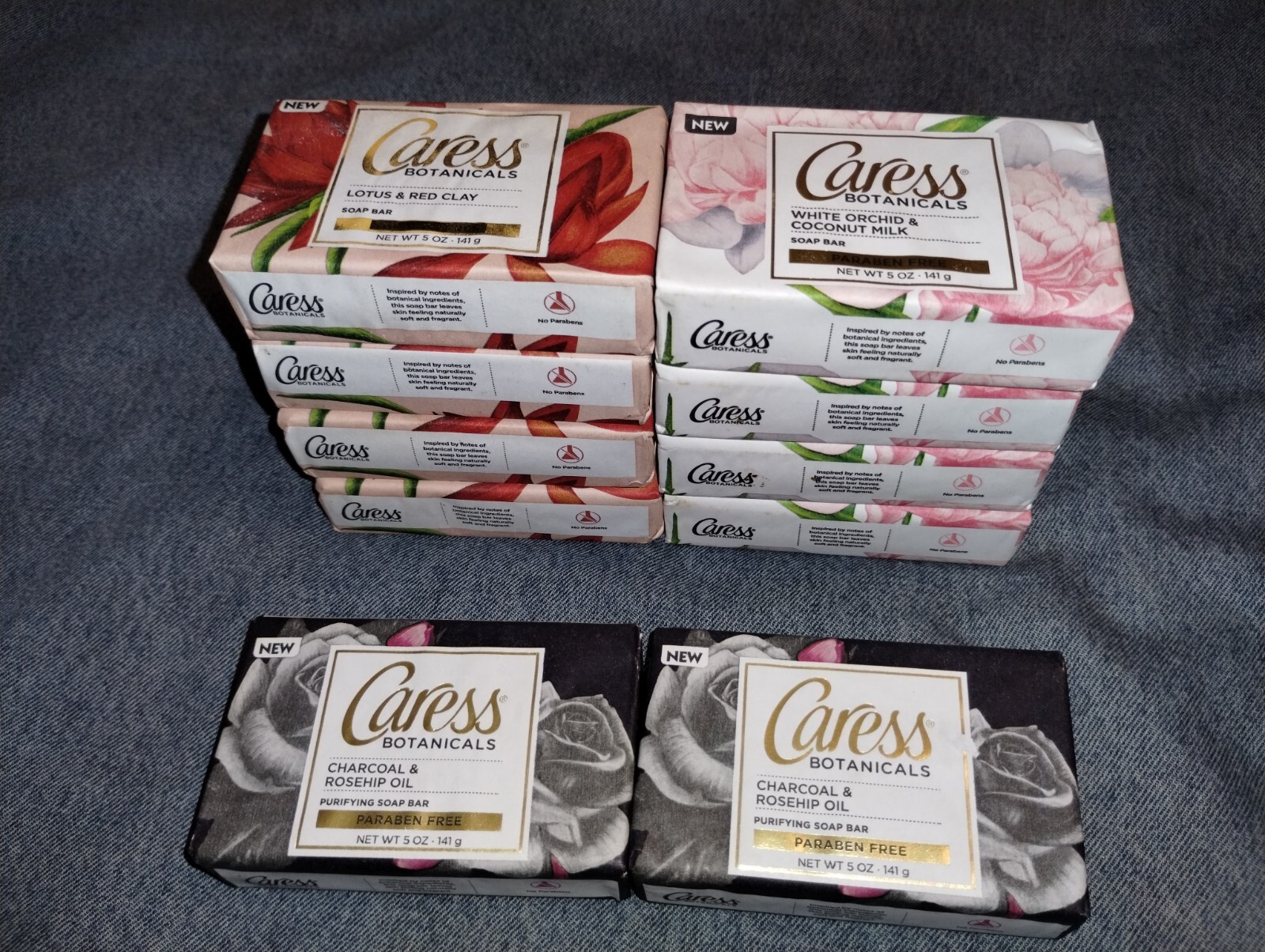 Caress Botanical Soap Bars Lotus Red Clay, Orchid Coconut Milk, Charcoal Rosehip