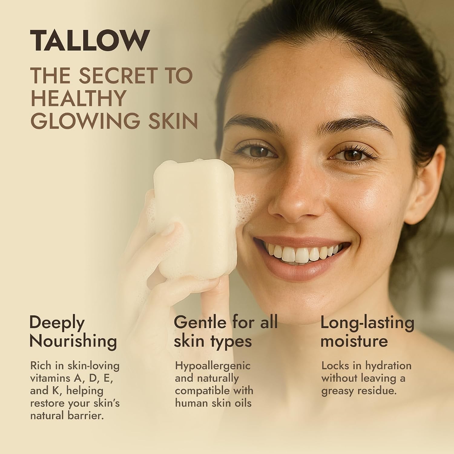 Handmade Pure Beef Tallow Soap Bar 3-Pack – Fragrance-Free, All-Natural Wash