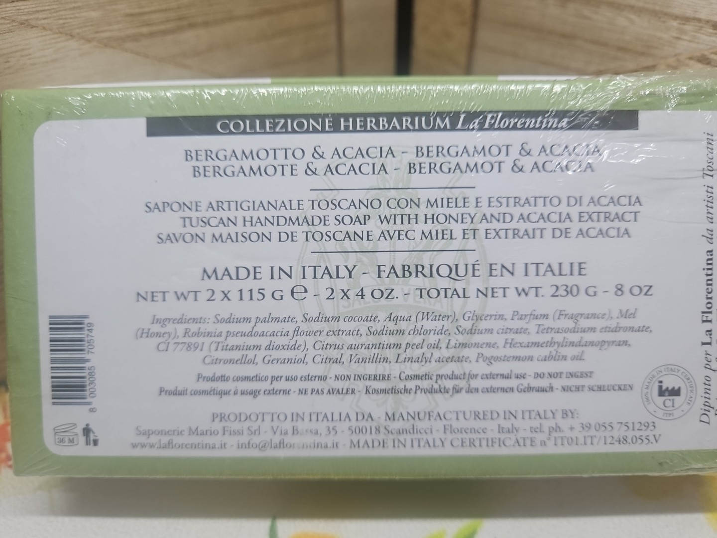 La Florentina Bergamot Acacia Bar Soap, Made in Italy w/ Honey 4oz x2 Bars