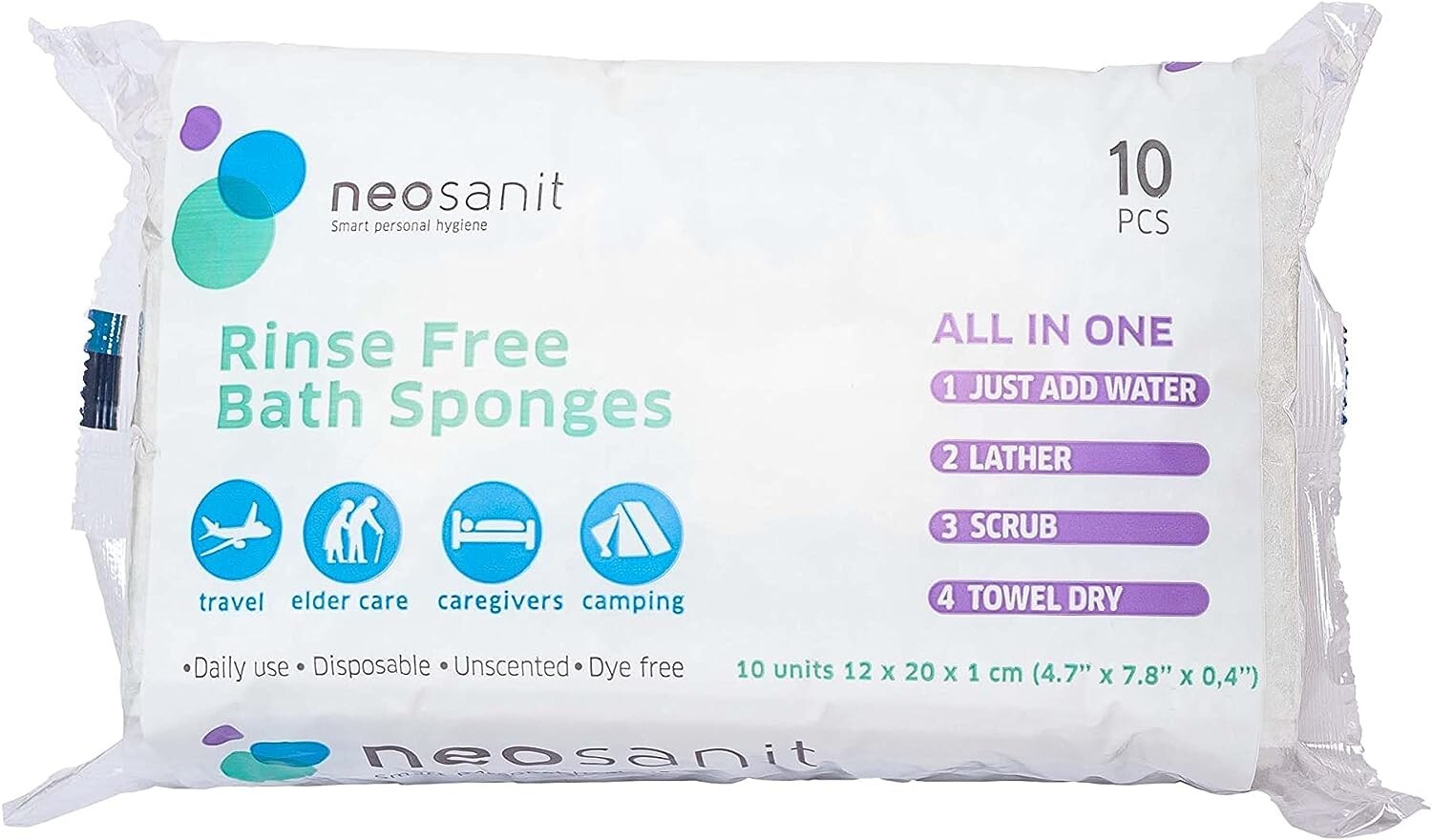10 pcs Disposable Rinse Free Bathing Sponges Single Use No Rinse Body Wipes NEW
