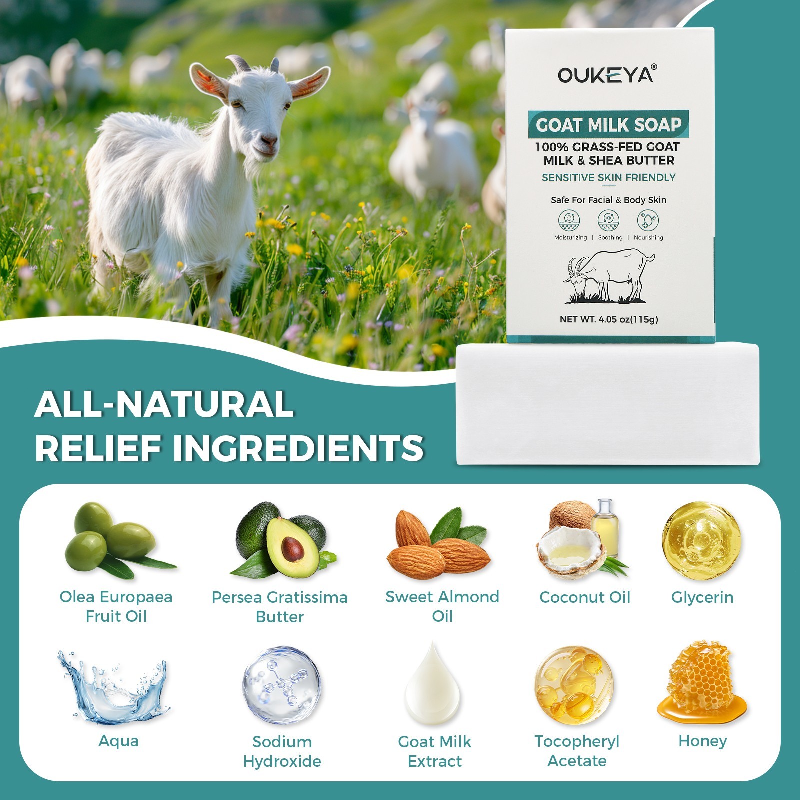 OUKEYA Handmade Goats Milk Bath Soap Bar, For Brightening Shaving Showering 115g