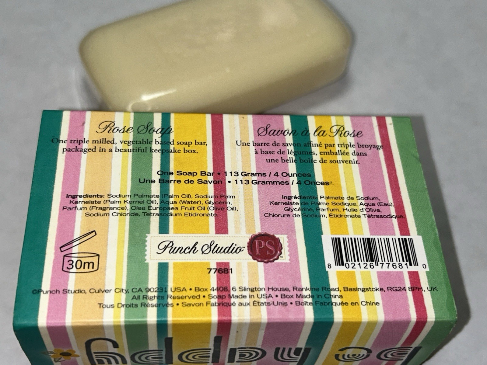 Punch Studio Rose Vegetable Based Luxury Scented Bath Bar Soap 4 oz Keepsake Box