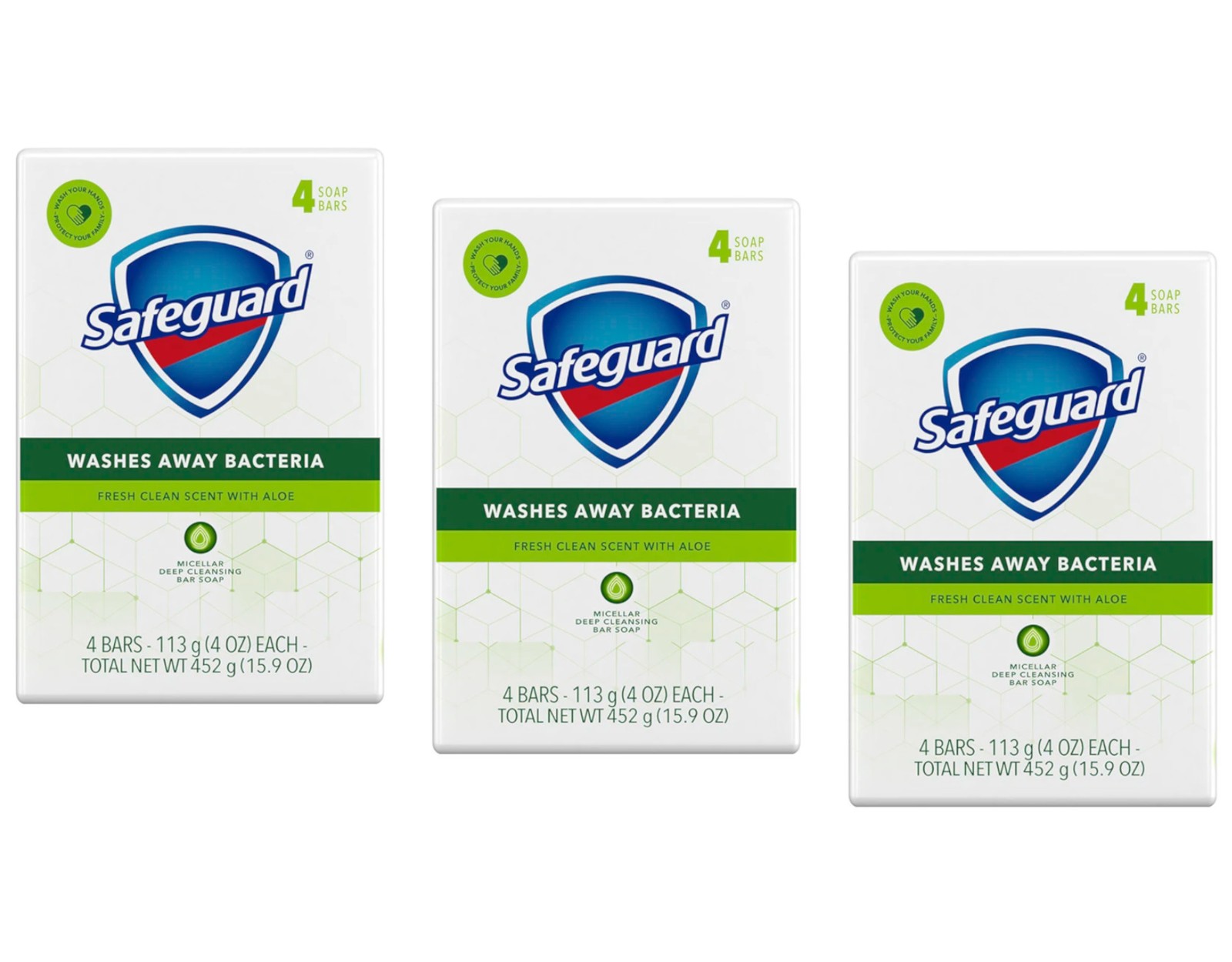 Safeguard Aloe Vera Antibacterial Deodorant Bar Soap 4Oz. 4 Count – Pack of 3
