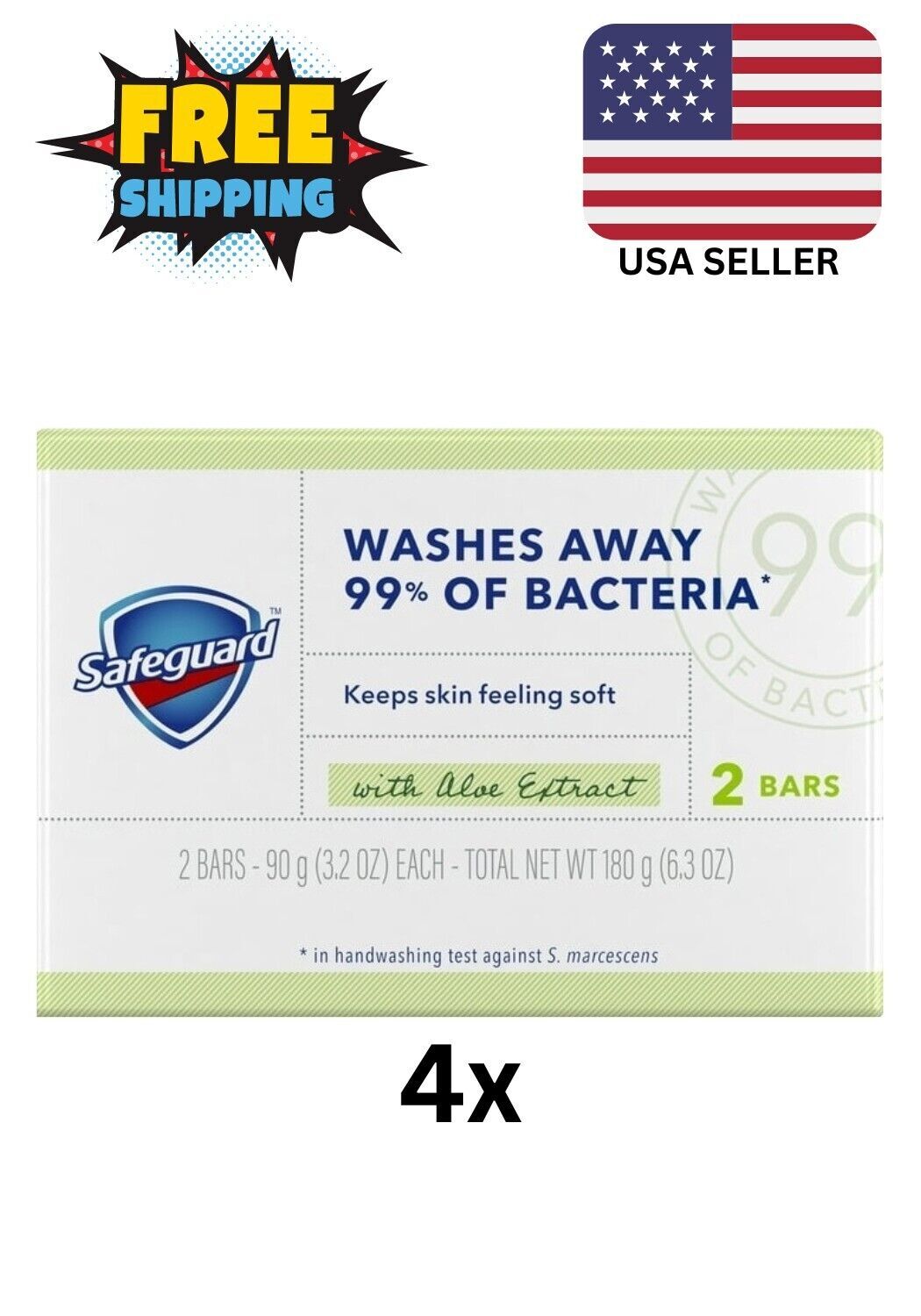 ( Lot Of 8) SAFEGUARD Bar Soap WASHES AWAY 99% of BACTERIA 3.2 oz W/ALOE Extract