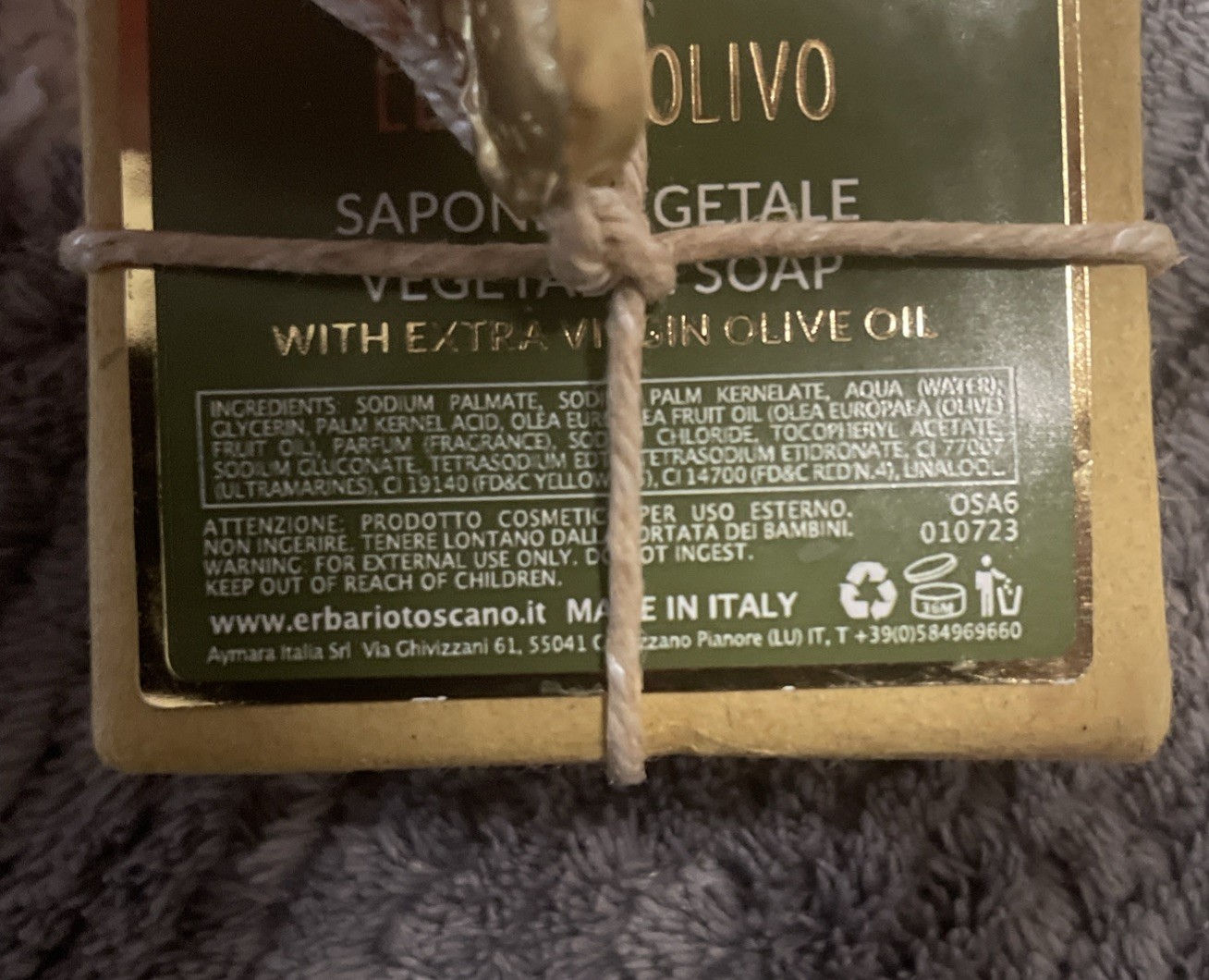 Elisir D’Olivo Italian Sapone Vegetale Vegetable Soap w/ Extra Virgin Olive Oil