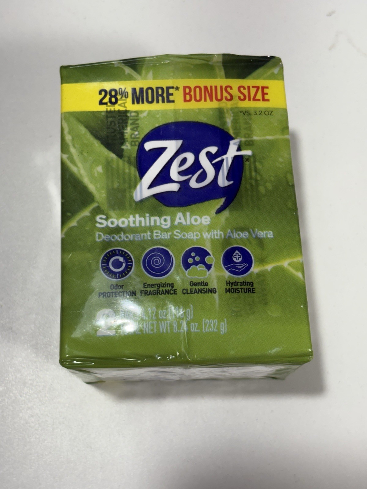 New Zest Soothing Aloe, Deodorant Bar Soap With Aloe Vera, 2x Bars 4.12oz Each