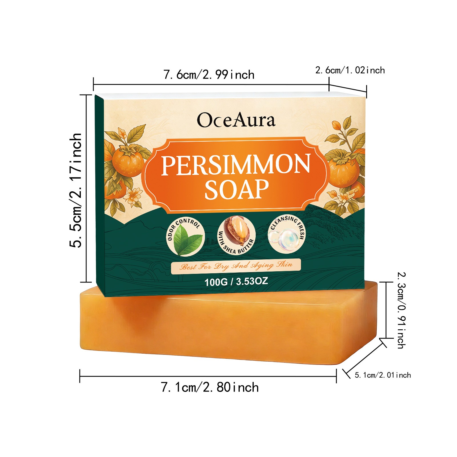 Persimmon Soap Bar for Body Odor Control Professional Skin Cleaning Soft Smooth