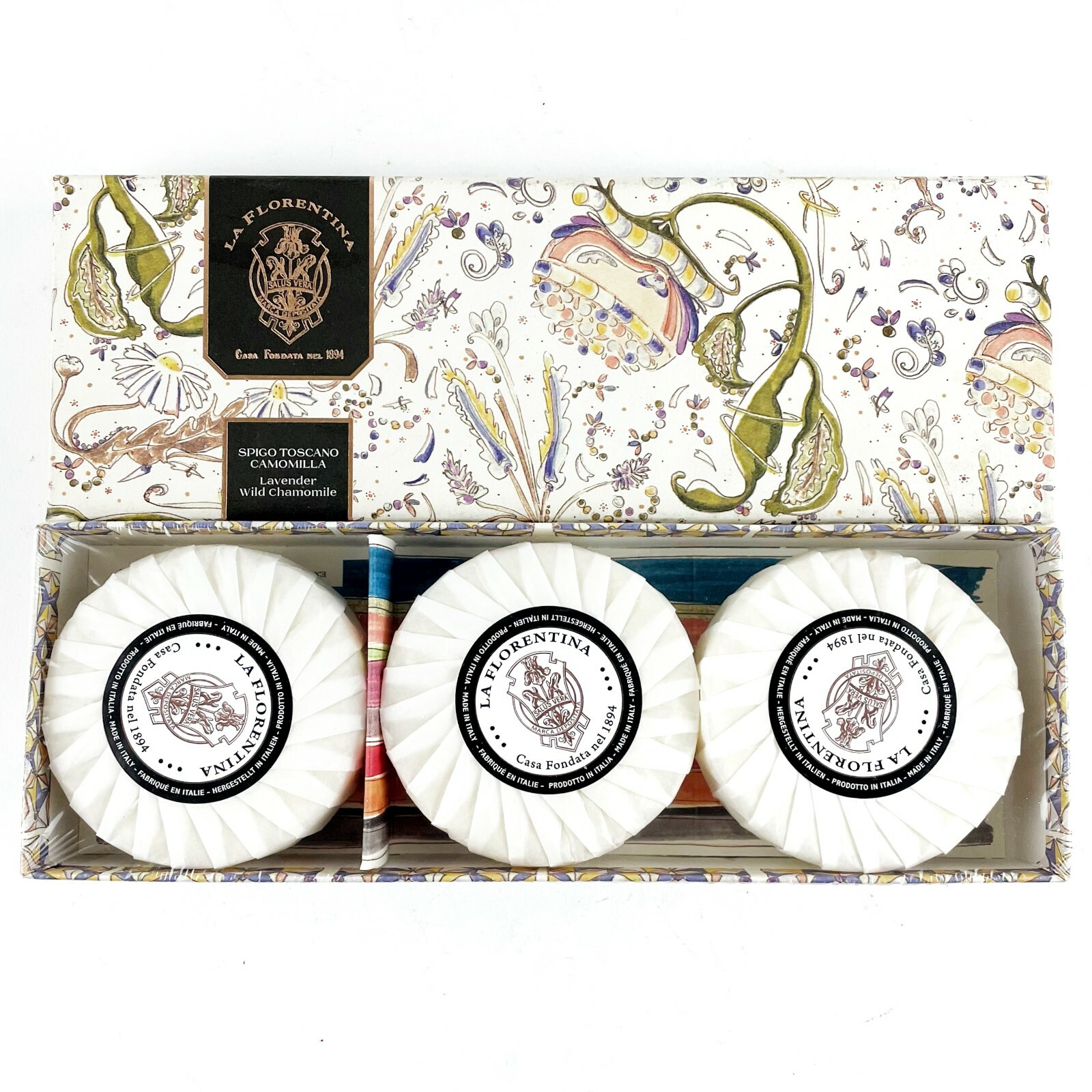 La Florentina Luxury Soap Set of 3 Italy Lavender Wild Chamomile Sealed 4 oz ea