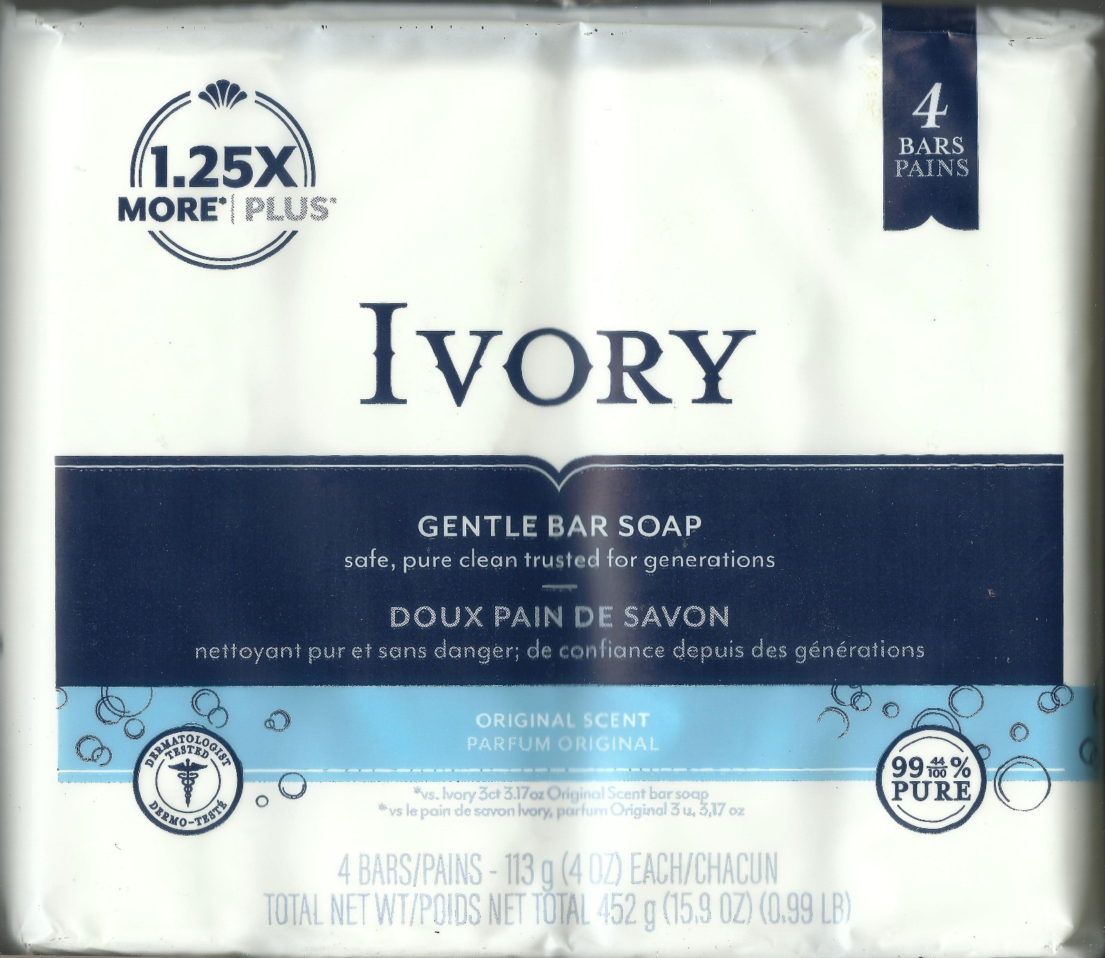 Classic ORIGINAL IVORY White Bar Soap 4 oz X 4 BARS 99.44% Pure Clean Simple