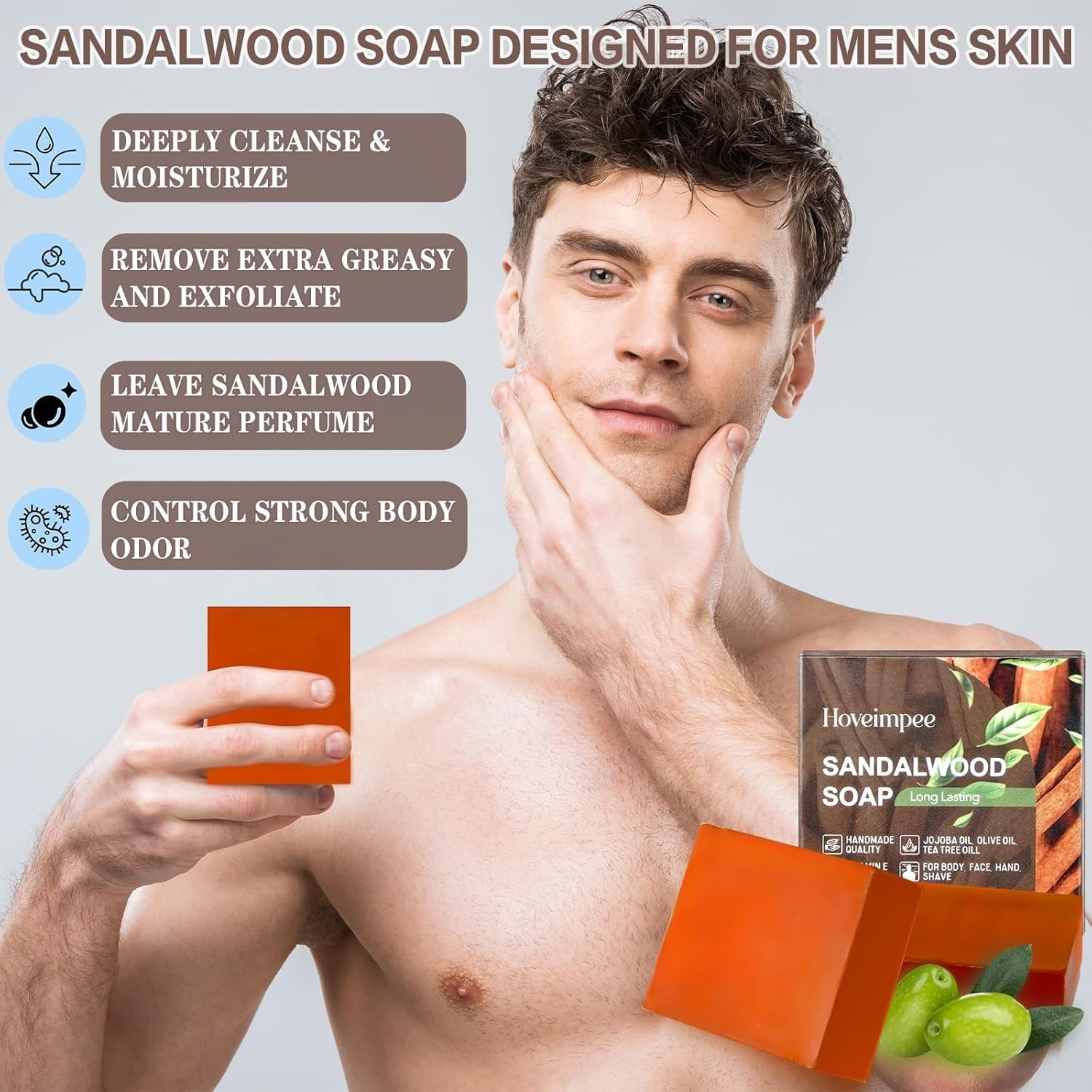 3 Pack Sandalwood Mens Bar Soap, Natural Soap Infused Jojoba 3.53 oz Soap Bar