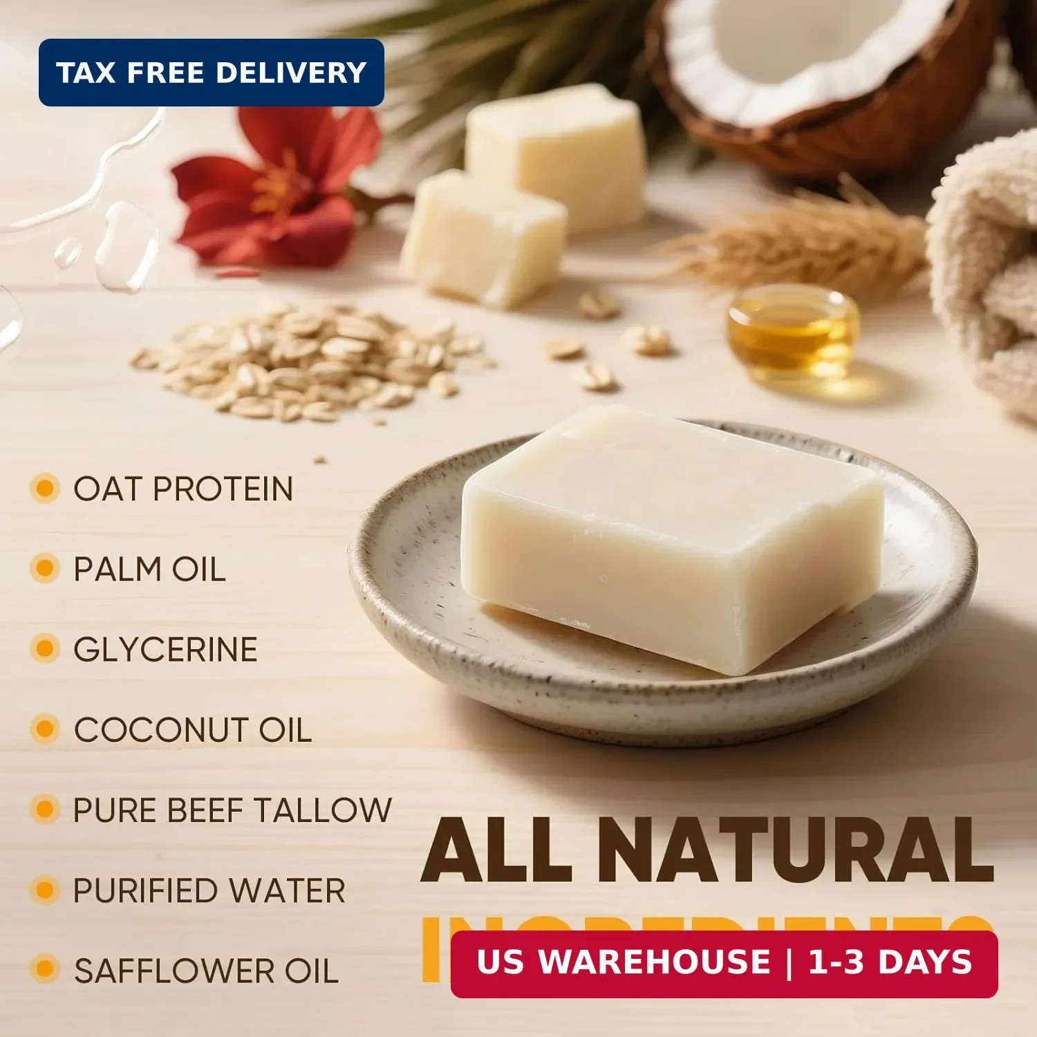 Beef Tallow Soap Bar, 2 Pack All Natural Grass Fed Tallow Soap, Moisturizing USA