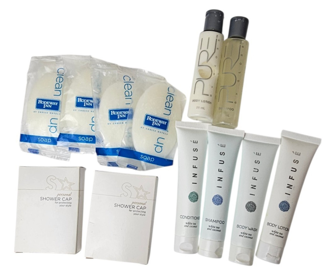 12 Assorted Hotel Resort Travel Size Bath Soaps Shower Cap Shampoo Conditioner