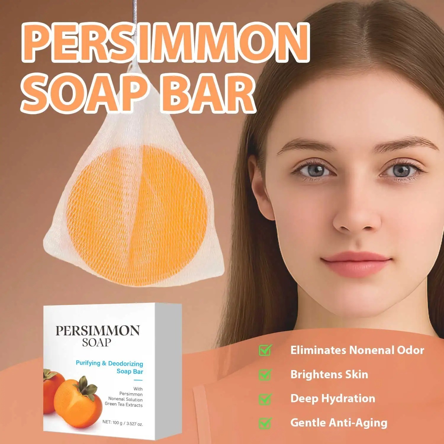 Persimmon Body Odor Soap Bar Green Tea Extract Deodorizing Cleanser 100g Unisex