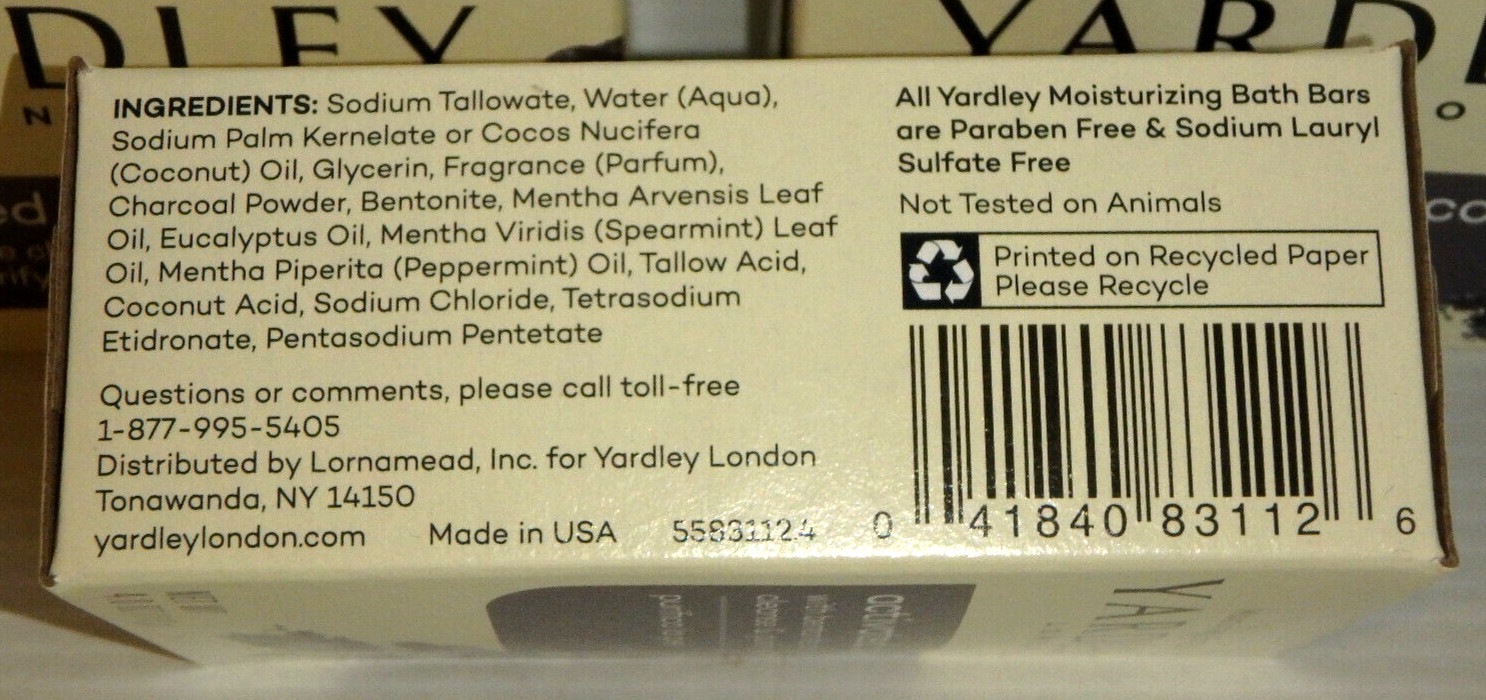 Lot of 3 Yardley’s Activated Charcoal Nourishing Bath Bar, 4.0 oz ea. Purifying
