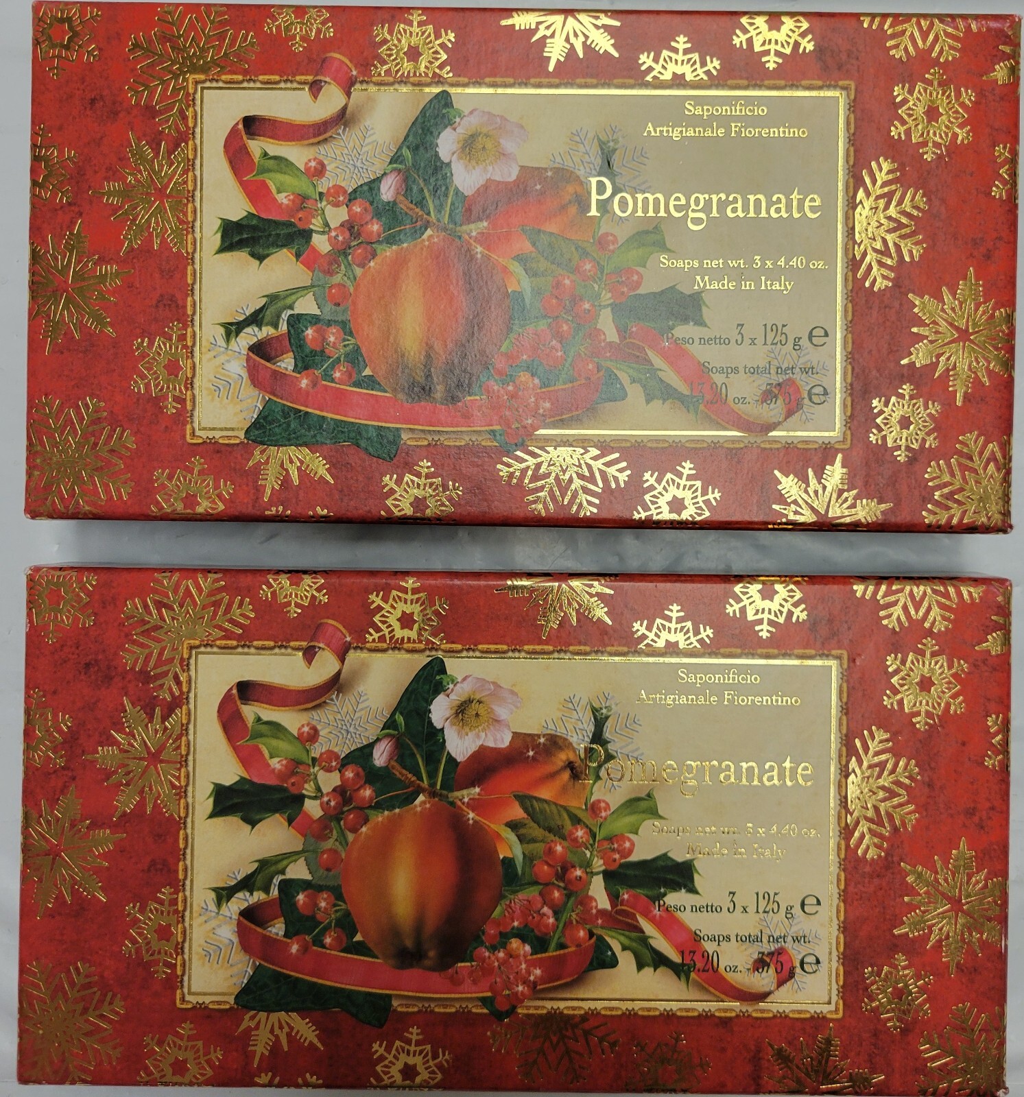 2x Saponificio SAF 3pk Pomegranate Scented Bar Soap 4.4 Oz Christmas Box Tuscany