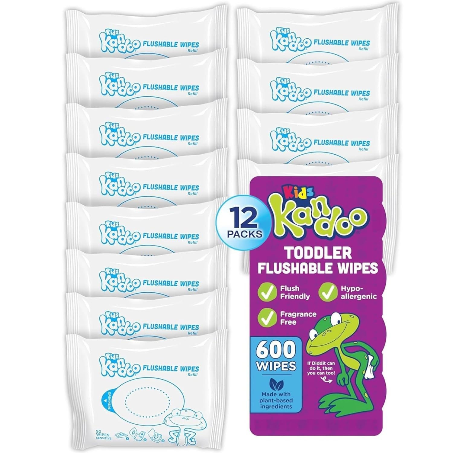 50 Count Pack of 12 Sensitive Hypoallergenic Flushable Wipes for Kids