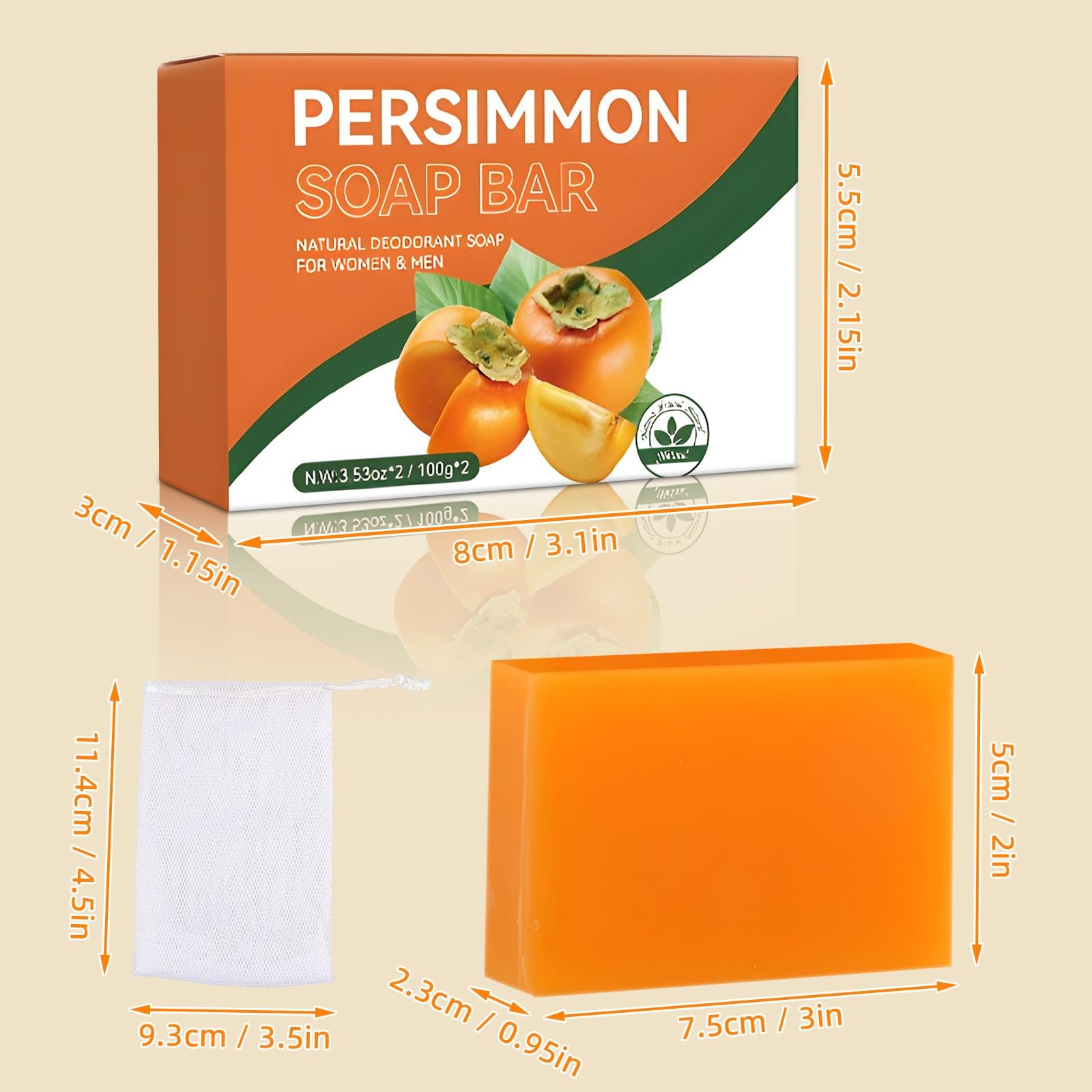 2PCS Persimmon Soap Bar for Body, Natural Deodorant Body Bar Soap for Remove …