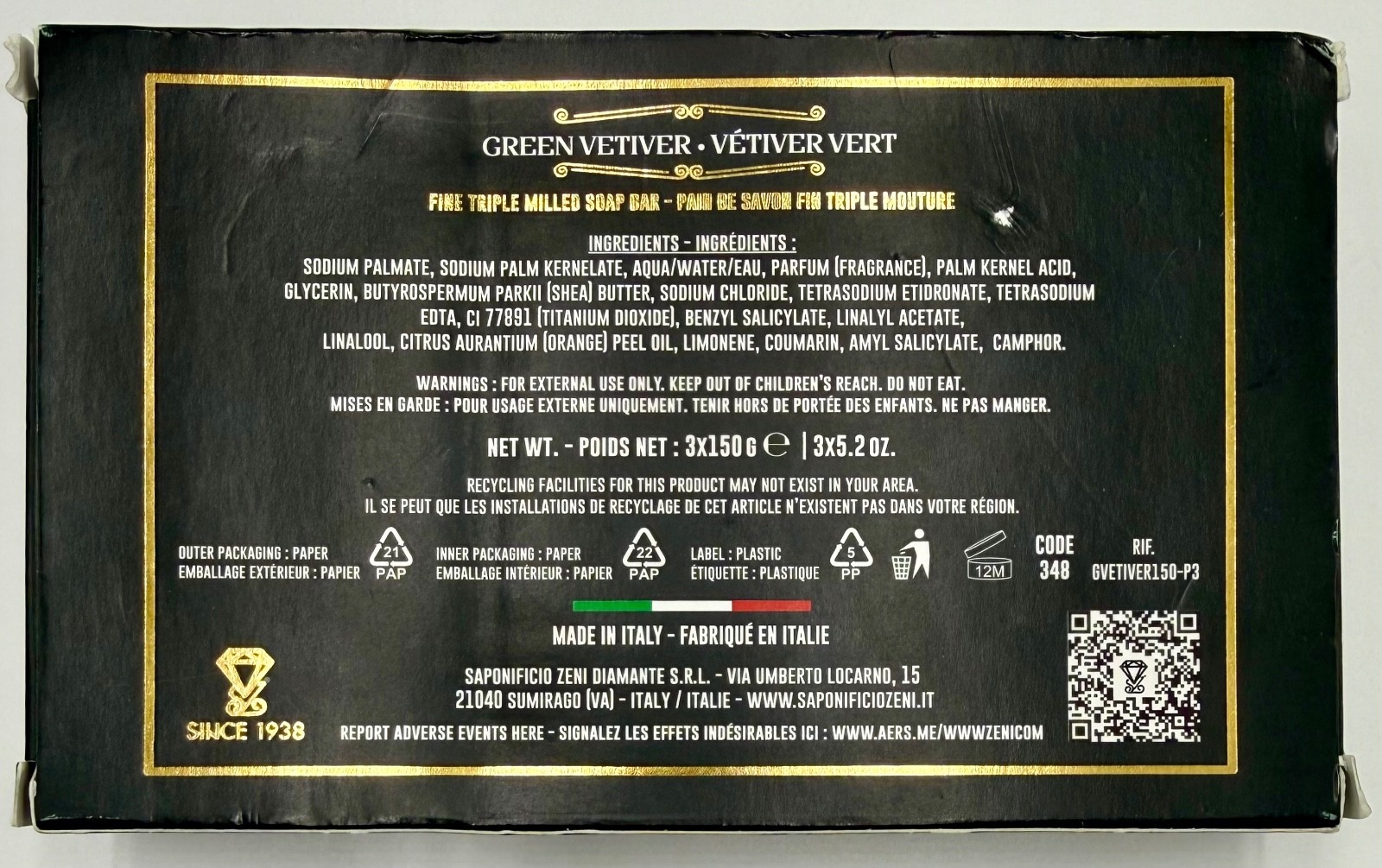 Zeni Green Vetiver Triple Milled Soap Bars 3x 5.2oz Made in Italy Total 15.8oz