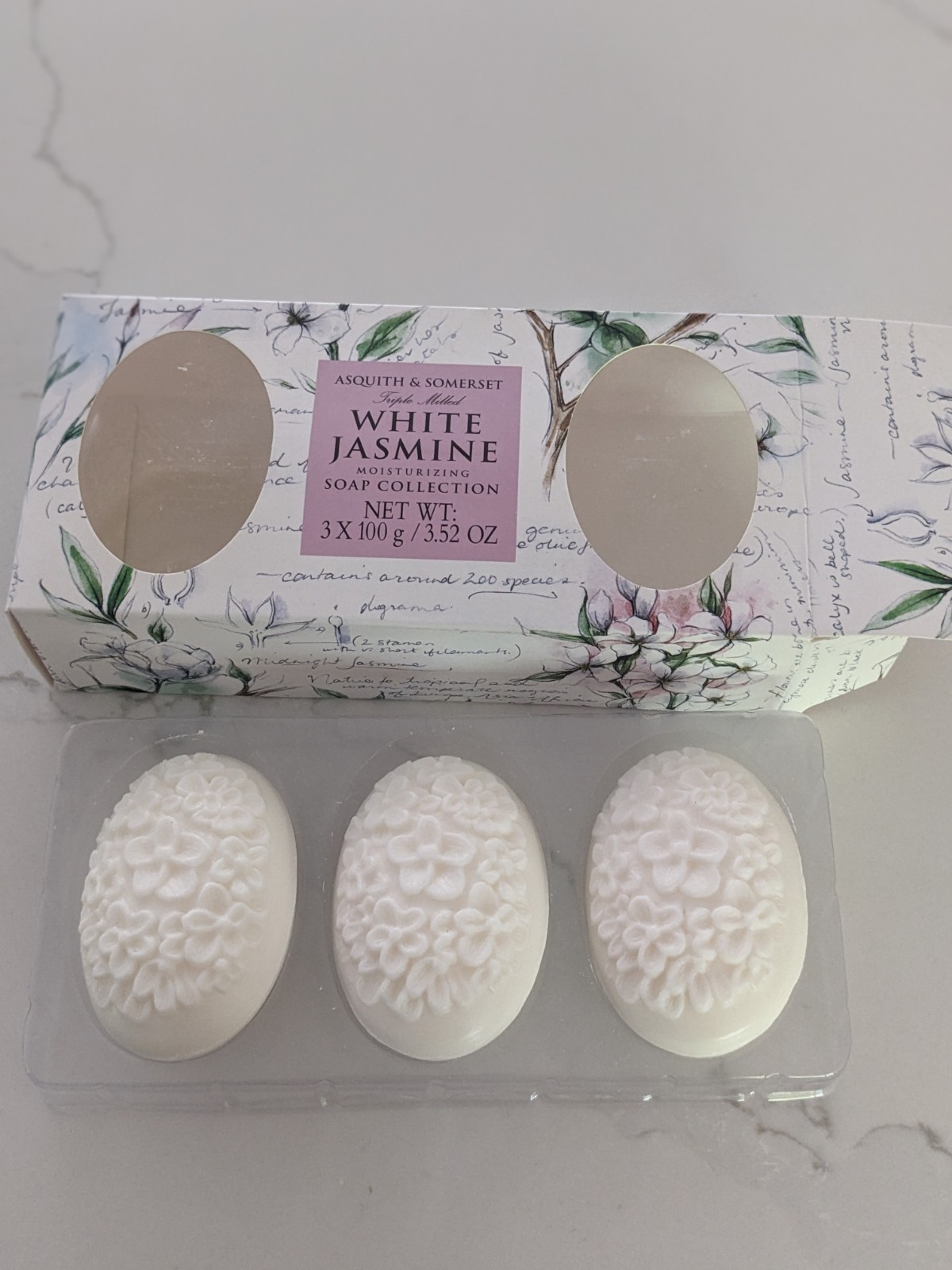 Asquith & Somerset White Jasmine Luxury Soap Bar Set Embossed 3.52oz x3