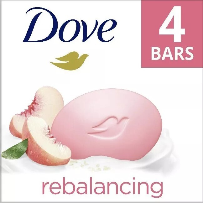 🆕️ Dove (4-Bars) 3.75 Oz. •REBALANCING• 🍑 White Peach & Rice Milk Beauty Bars.