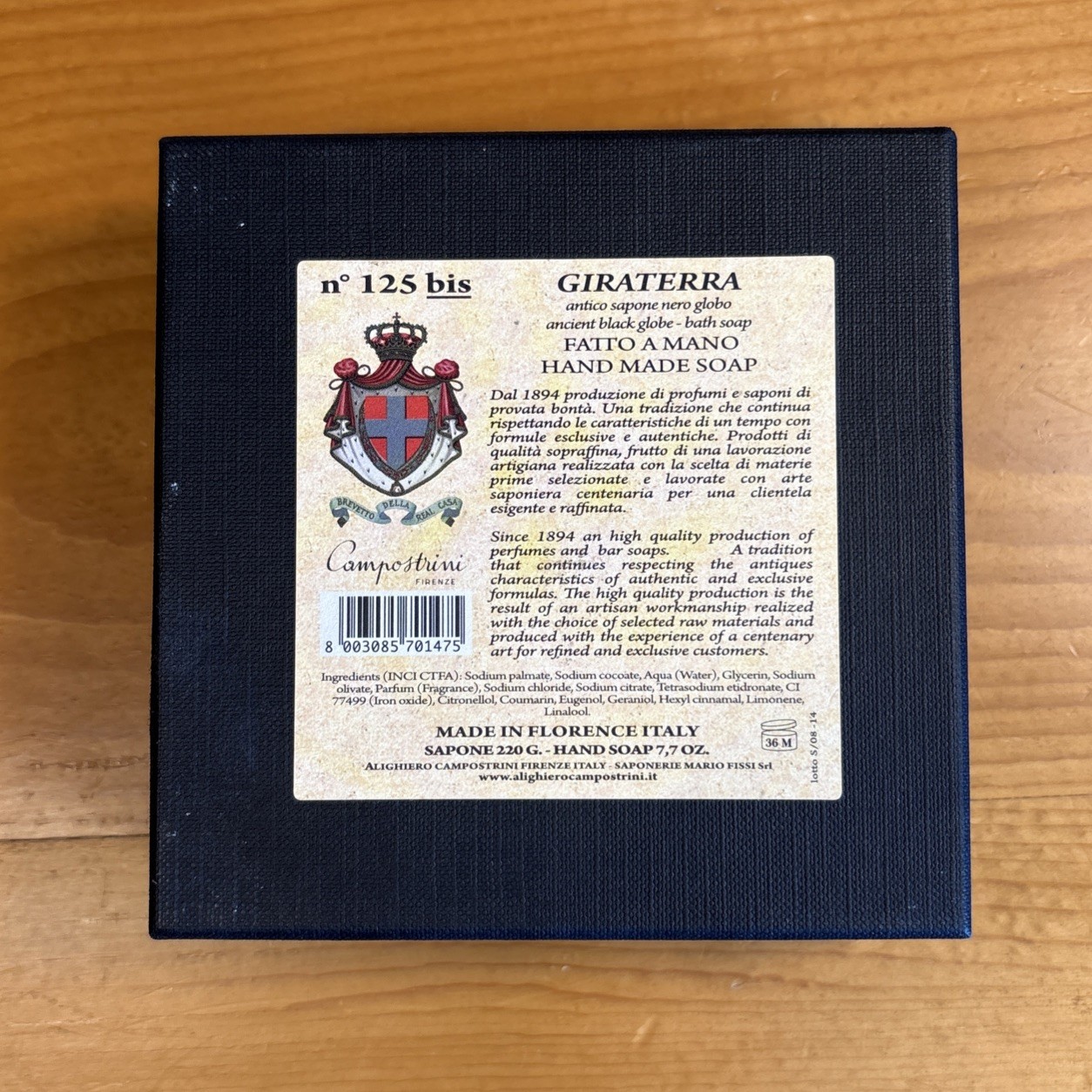 Alighiero Campostrini Giraterra Black Luxury Soap No. 125 Gift Boxed 220g Italy