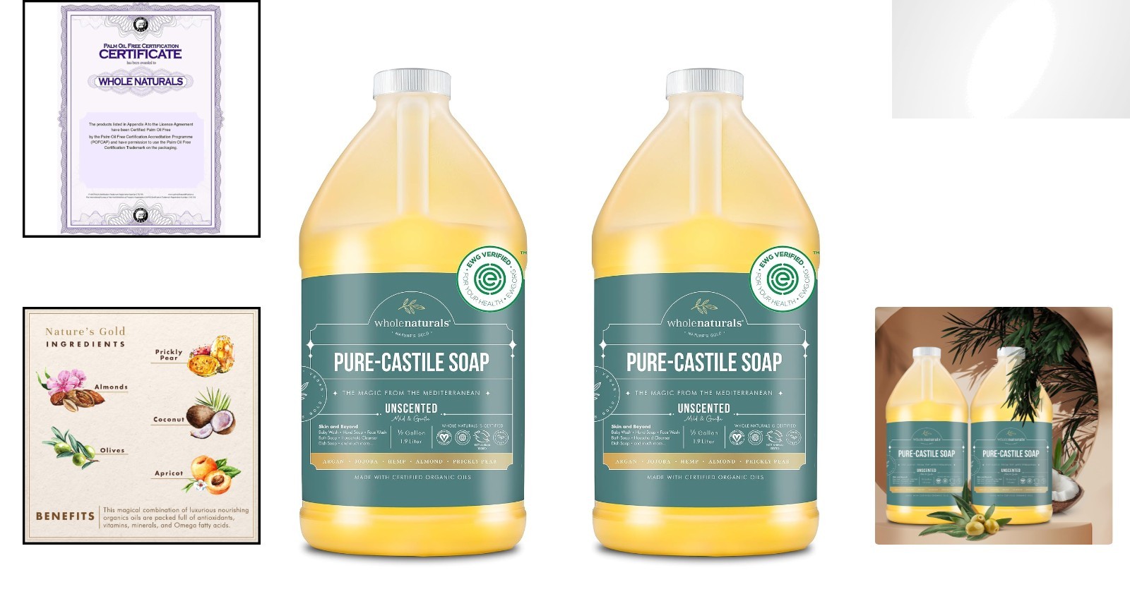 EWG Verified Castile Soap Liquid – Unscented, Certified Organic 1 Gallon Duo