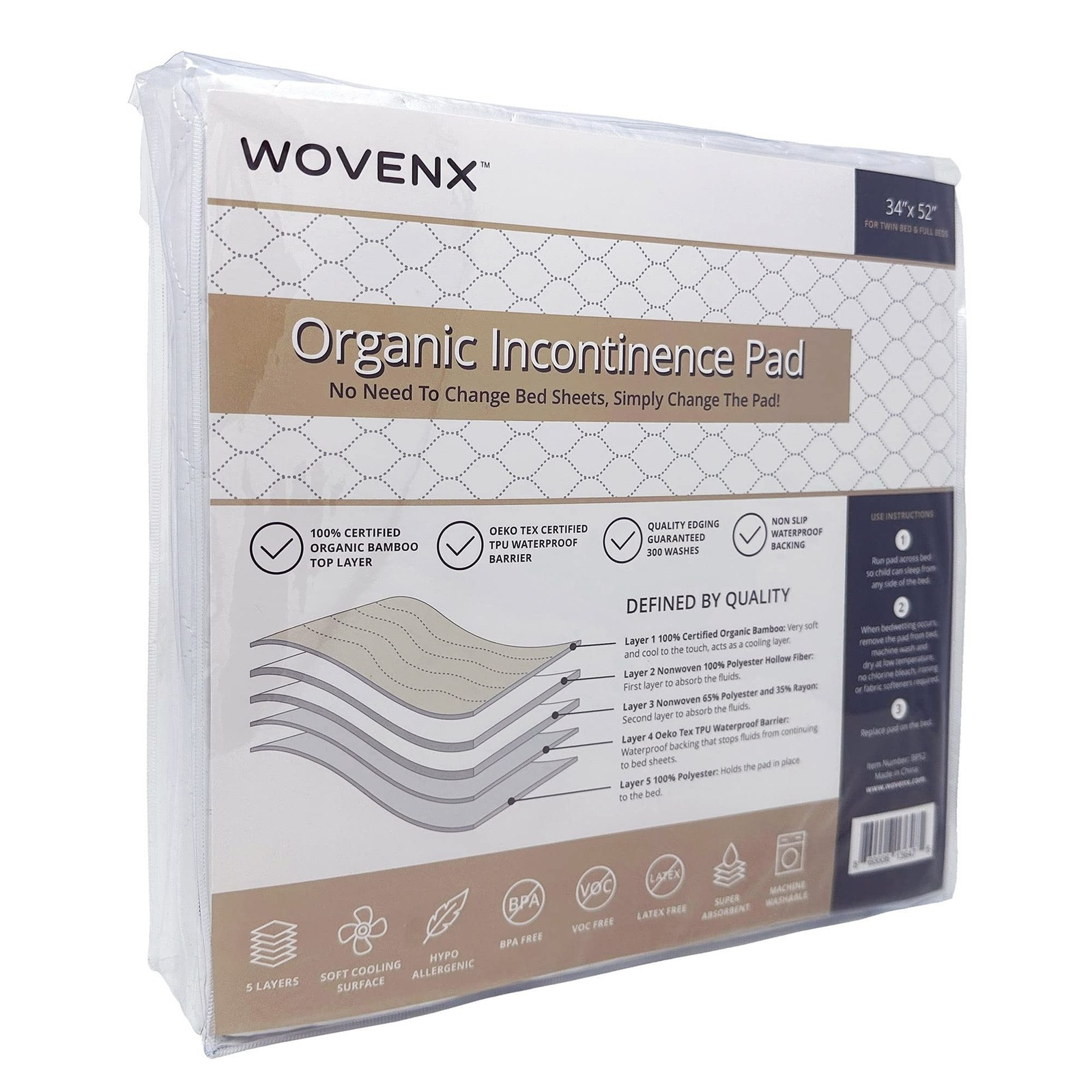 WOVENX Organic Incontinence Pads for Kids & Toddlers – 5 Layer Waterproof Pro…