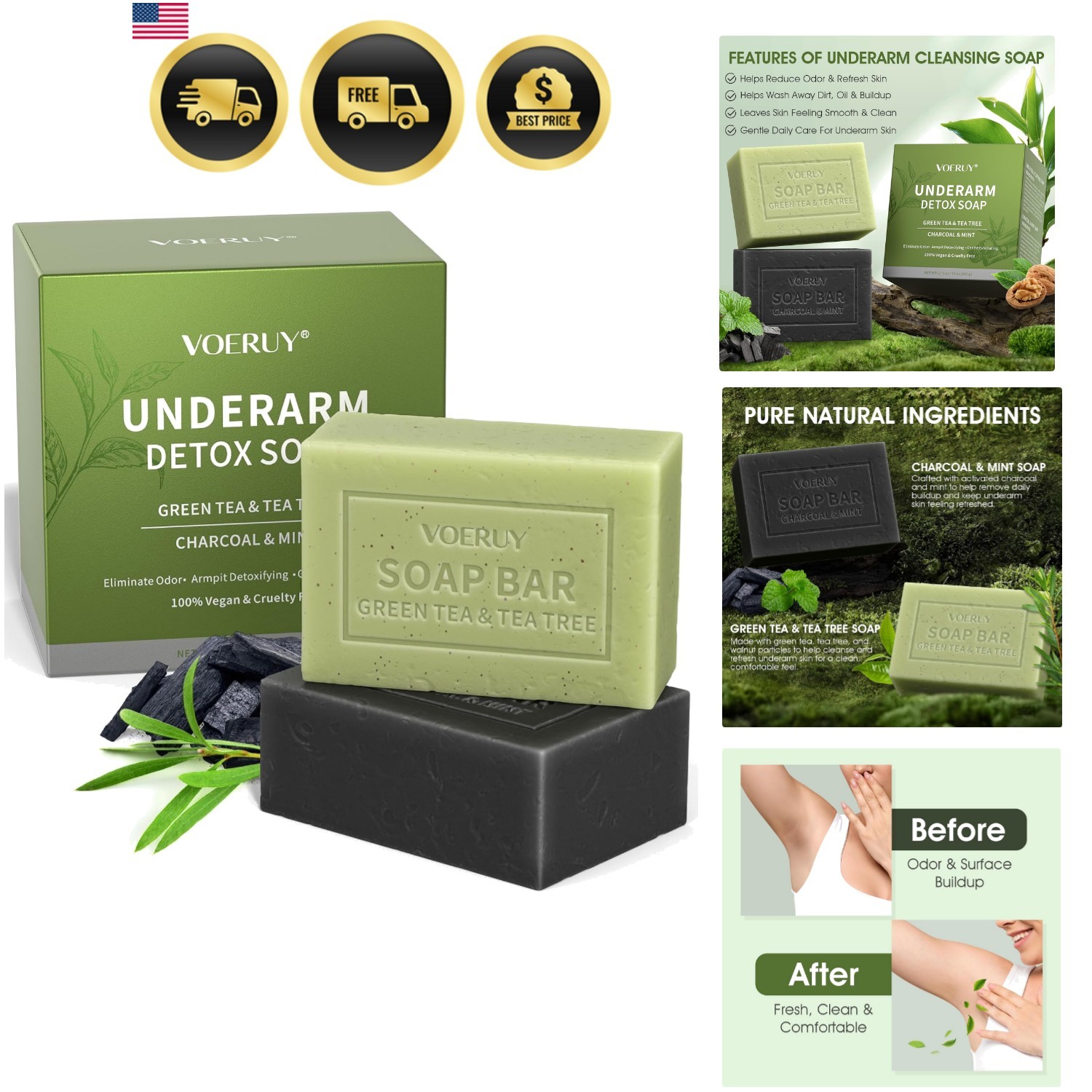 Underarm Detox Soap, 2 Pcs Armpit Detox Soap with Green Tea & Tea Tree, Charc…