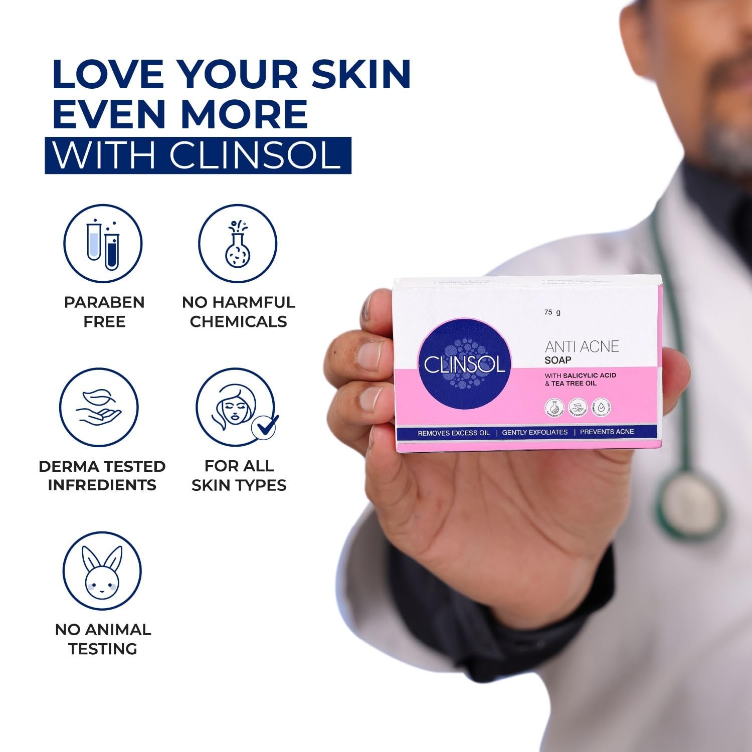 Leeford Clinsol Anti-Acne Soap 75g (Pack of 3) | Enriched with Tea Tree Oil