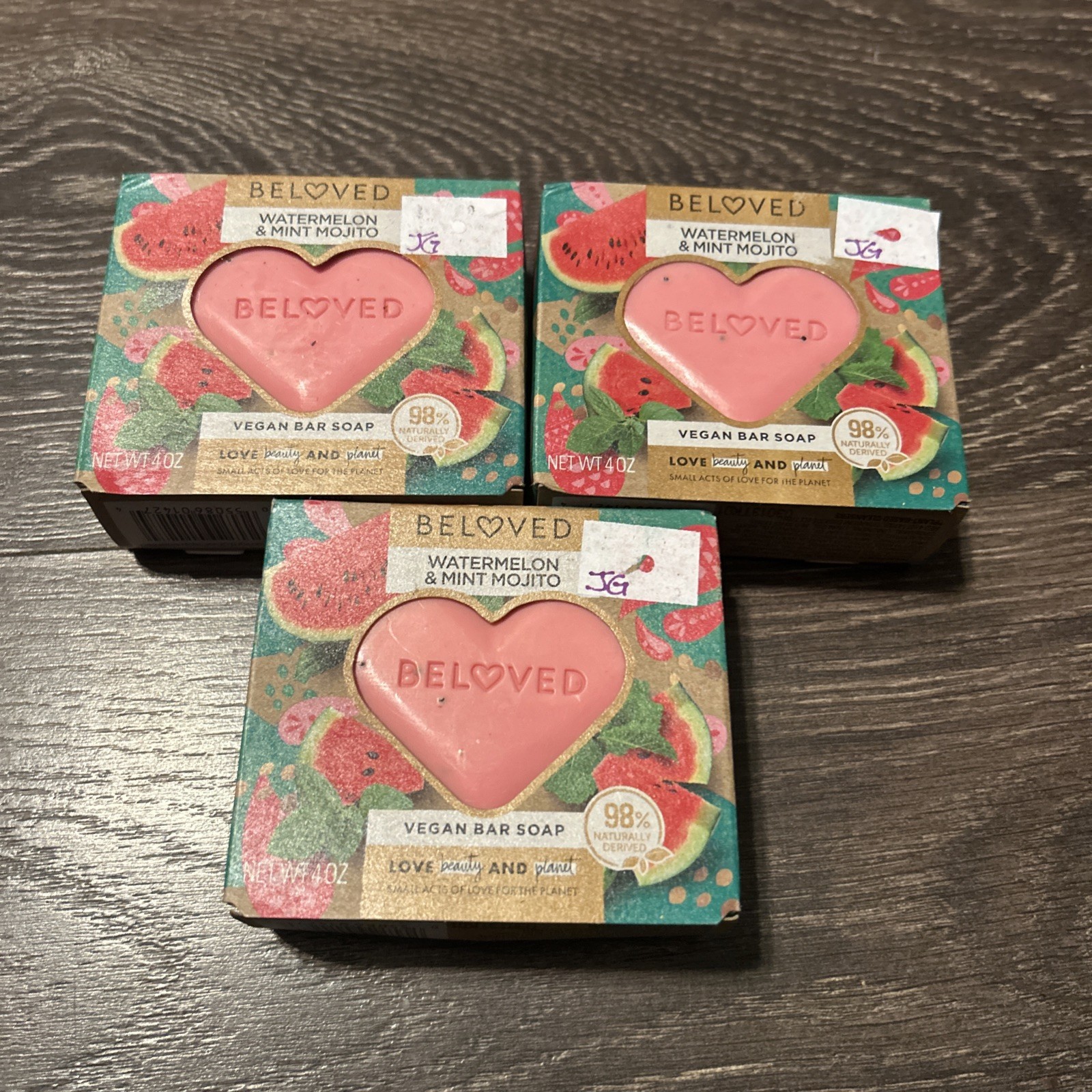 LOT OF 3 Beloved Watermelon Mint Mojito 4 Oz Vegan Soap Bars Natural Fruity