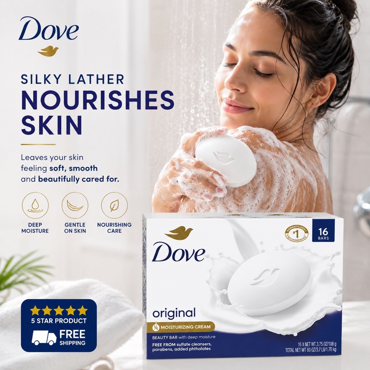 Dove Original Beauty Bar Soap 16 Count Moisturizing Cream 3.75 oz Sealed Pack