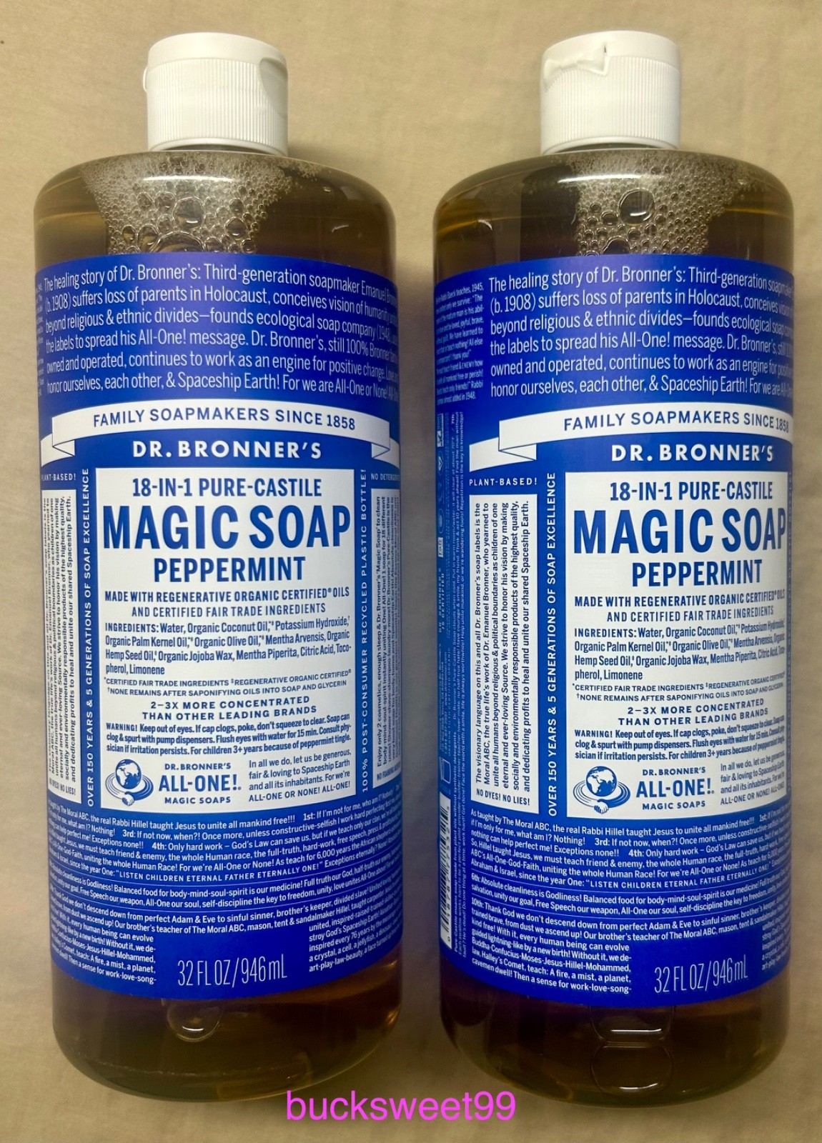 Dr. Bronner’s Pure Castile MAGIC Liquid Soap PEPPERMINT -32 oz each – 2 Bottles