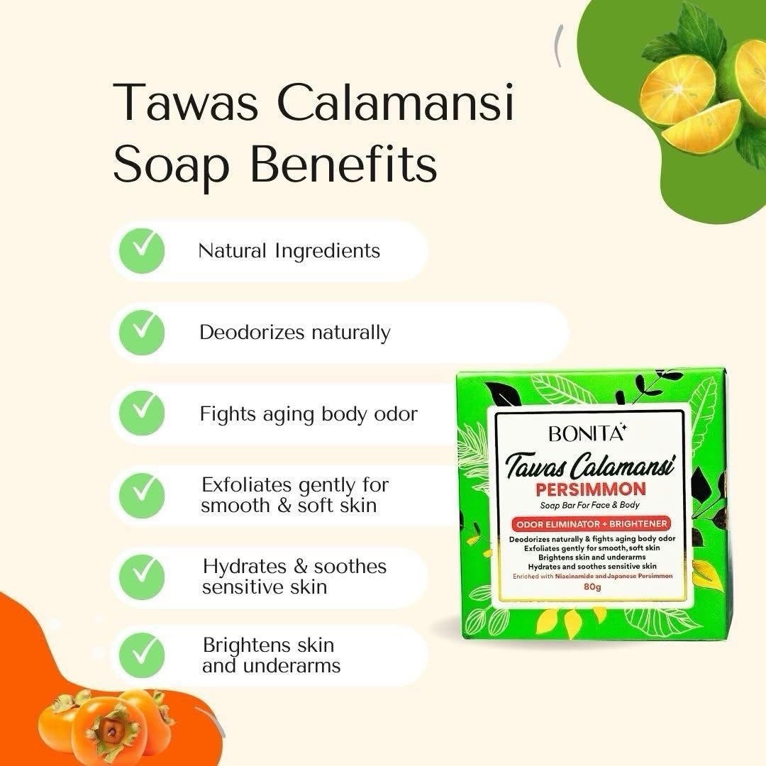 Bonita Tawas Calamansi Soap W/Persimmon For Face & Body Bar Soap 80g X 2 Bars