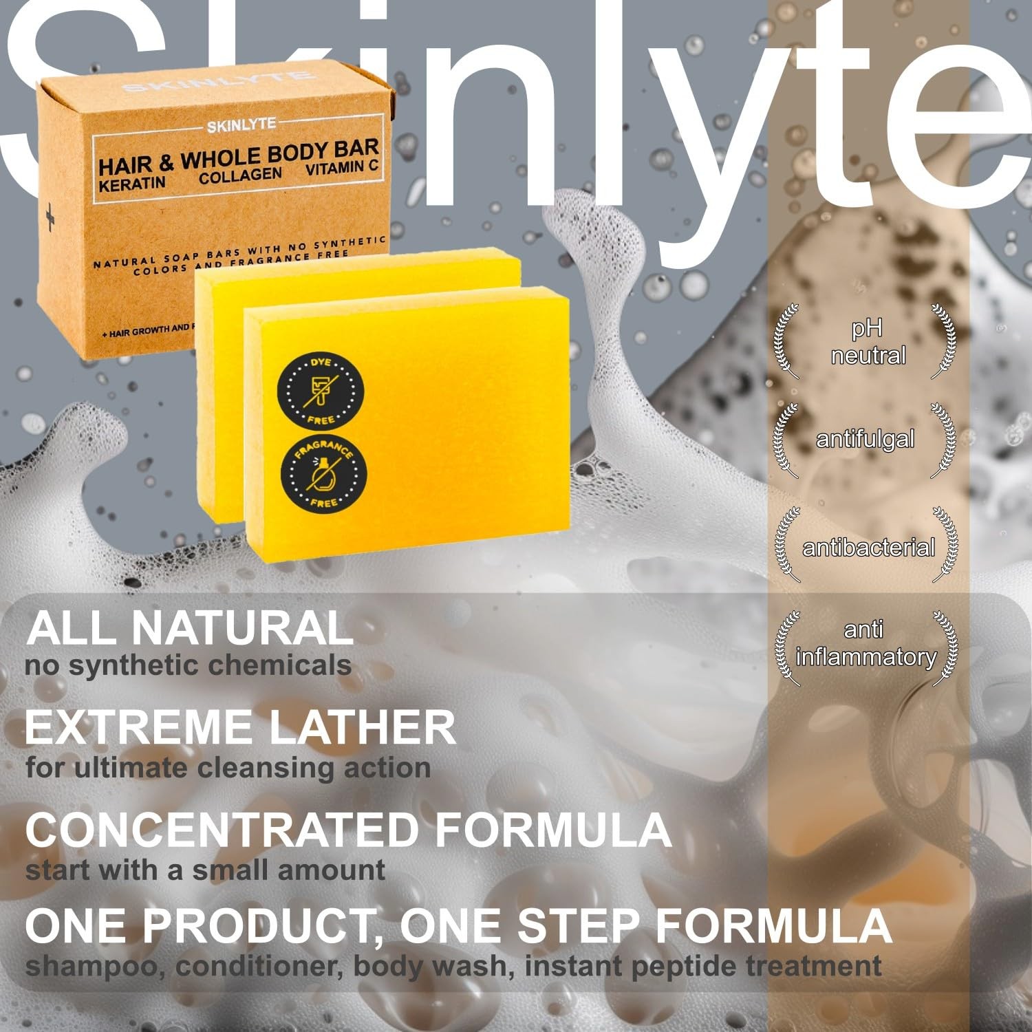 SKINLYTE Natural Hair & Body Soap Bar with Keratin Collagen Peptides 8 oz