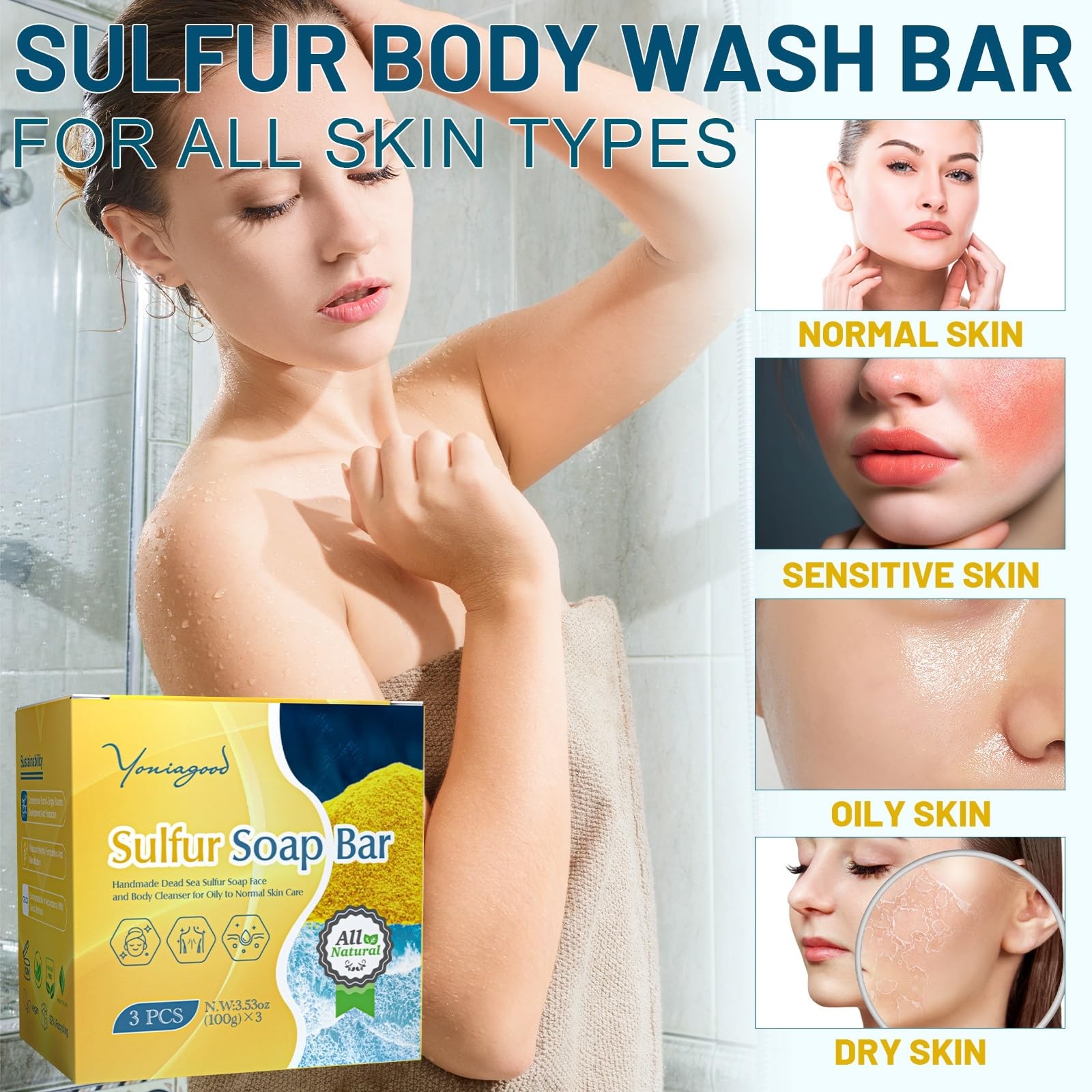 yoniagood 3 PCS Sulfur Dead Sea Soap, Natural Sulphur 3.53 Ounce (Pack of 3)