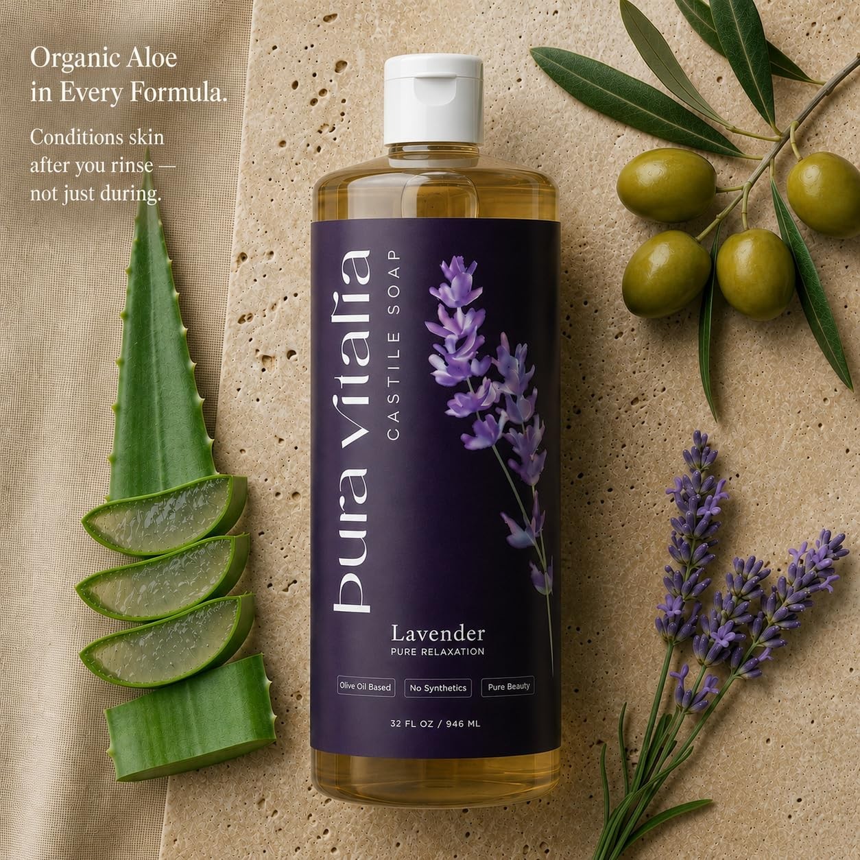 Pura Vitalia Lavender Organic Castile Soap Body Wash | 32 Fl Oz (Pack of 1)