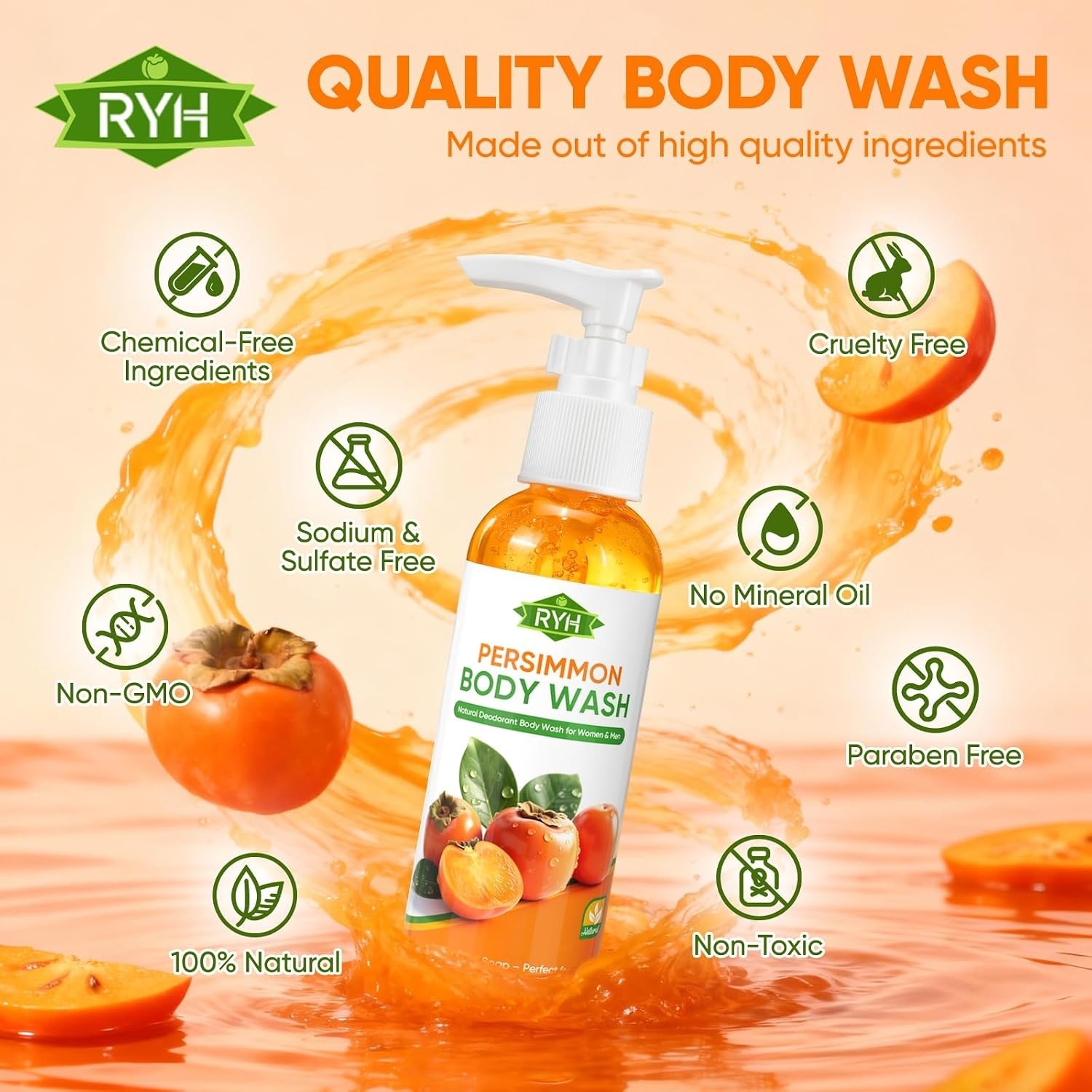 RYH Persimmon Body Wash for Body Odor Control – Natural Deodorant Soap for Elimi
