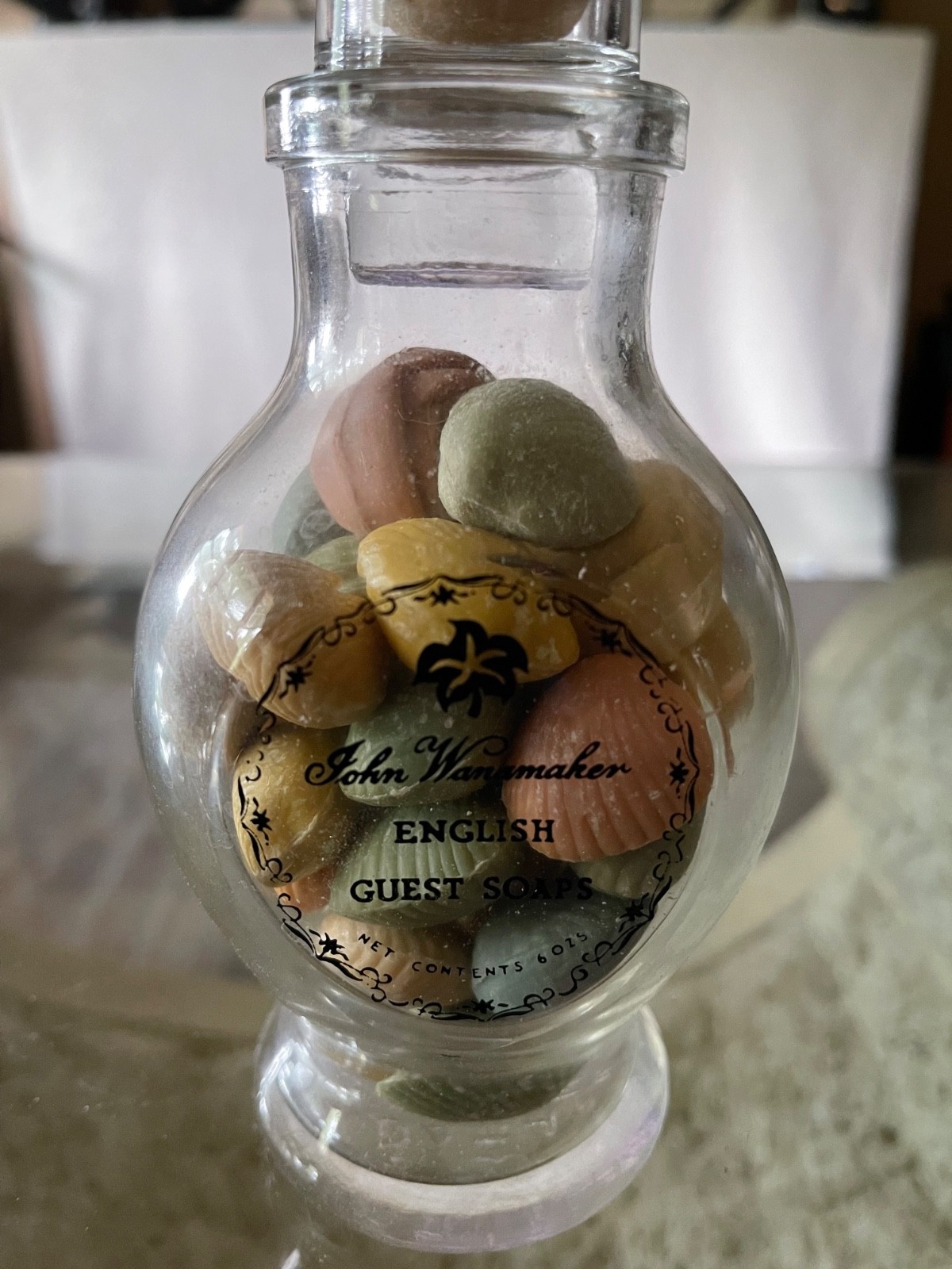 Vintage John Wanamaker English Guest Soaps Glass Jar 6 oz Full Bottle