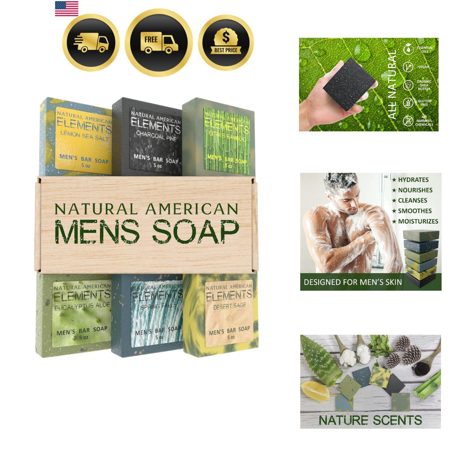 ELEMENTS Men’s Bar Soap – Masculine Scents, 100% Natural Soap for Men – Essen…