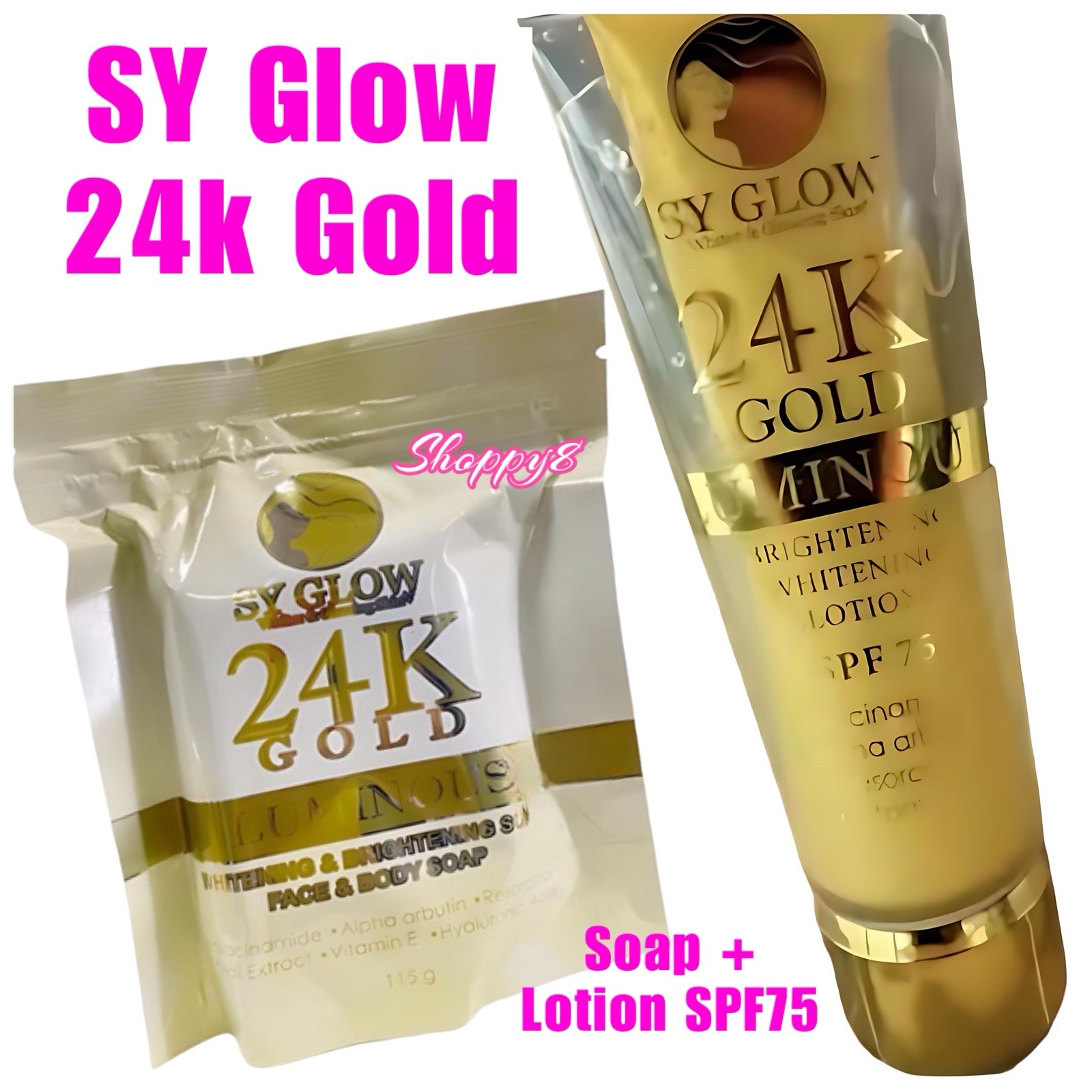 SY GLOW 24K Gold Luminous Whitening & Brightening Soap + Lotion SPF75