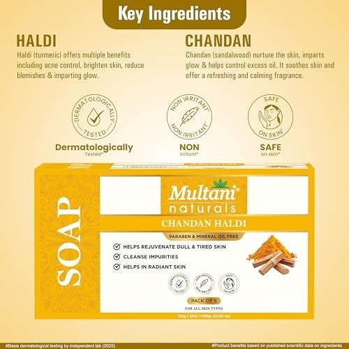 Multani Natural Chandan Haldi Soap – 125 gm (Pack Of 5) | For Hydration & Glow |