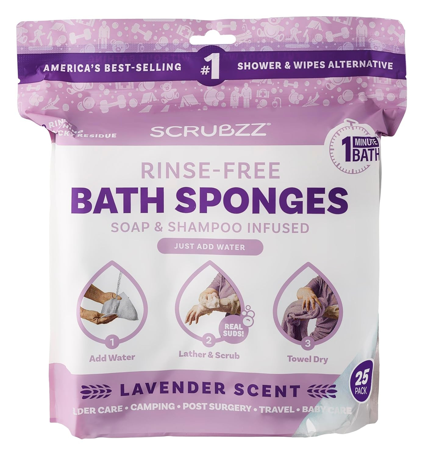 Scrubzz Disposable No Rinse Bathing Wipes – 25 Pack – All-In-1 Single Use Shower