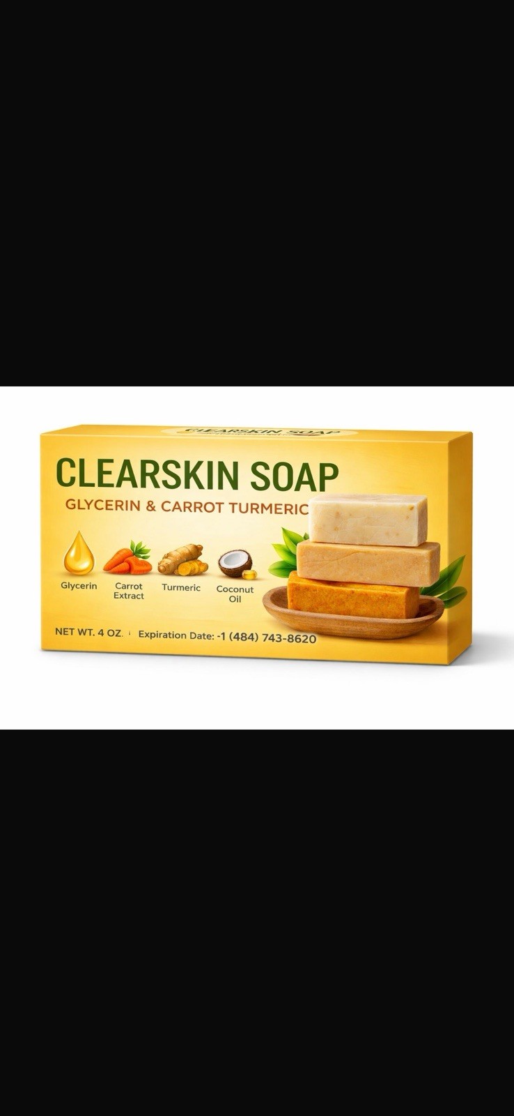 Clearskin Soap Rectangular Body Bar Glycerin Carrot Turmeric Coconut Oil 4 oz