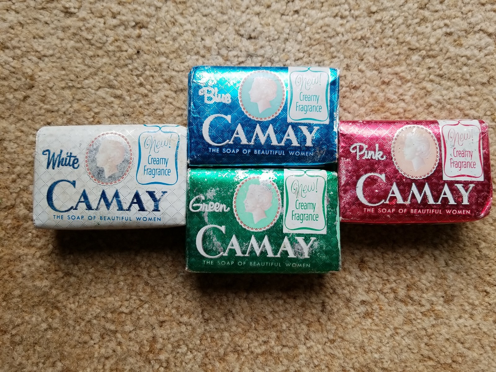 4, 5 Oz Vintage CAMAY Foil Wrap Soap Bars, Blue , Pink, White + Green Bars New