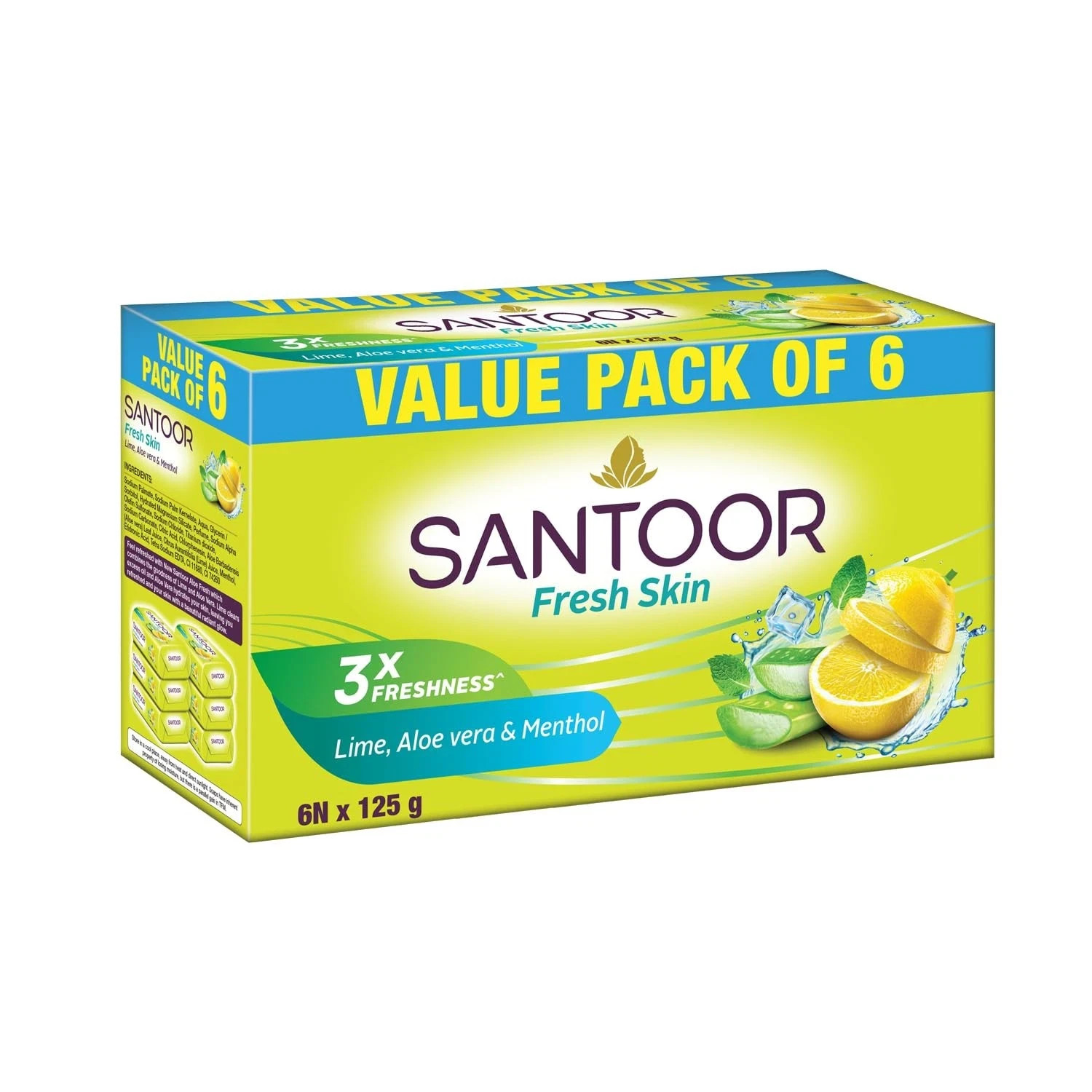 Santoor Aloe Vera & Lime Soap 125g X 6 | Fresh Skin Anti-Aging Soft Smooth