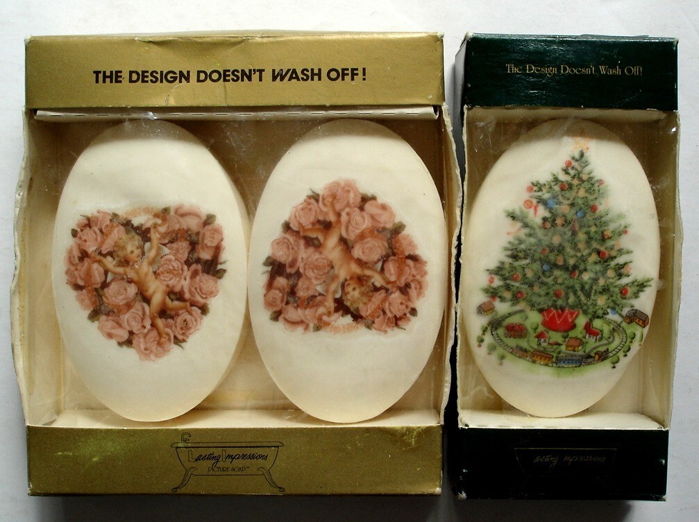 Lasting Impressions LOT 3 Picture Art Soaps, Rose Hearts + Christmas Tree