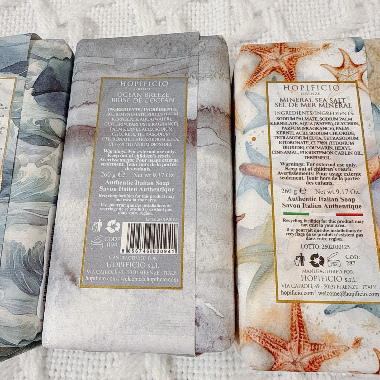 3 Pcs 9.17 Oz HOPIFICIO Sea Mineral /Ocean Breeze/ Mineral Sea Salt Bar SOAP