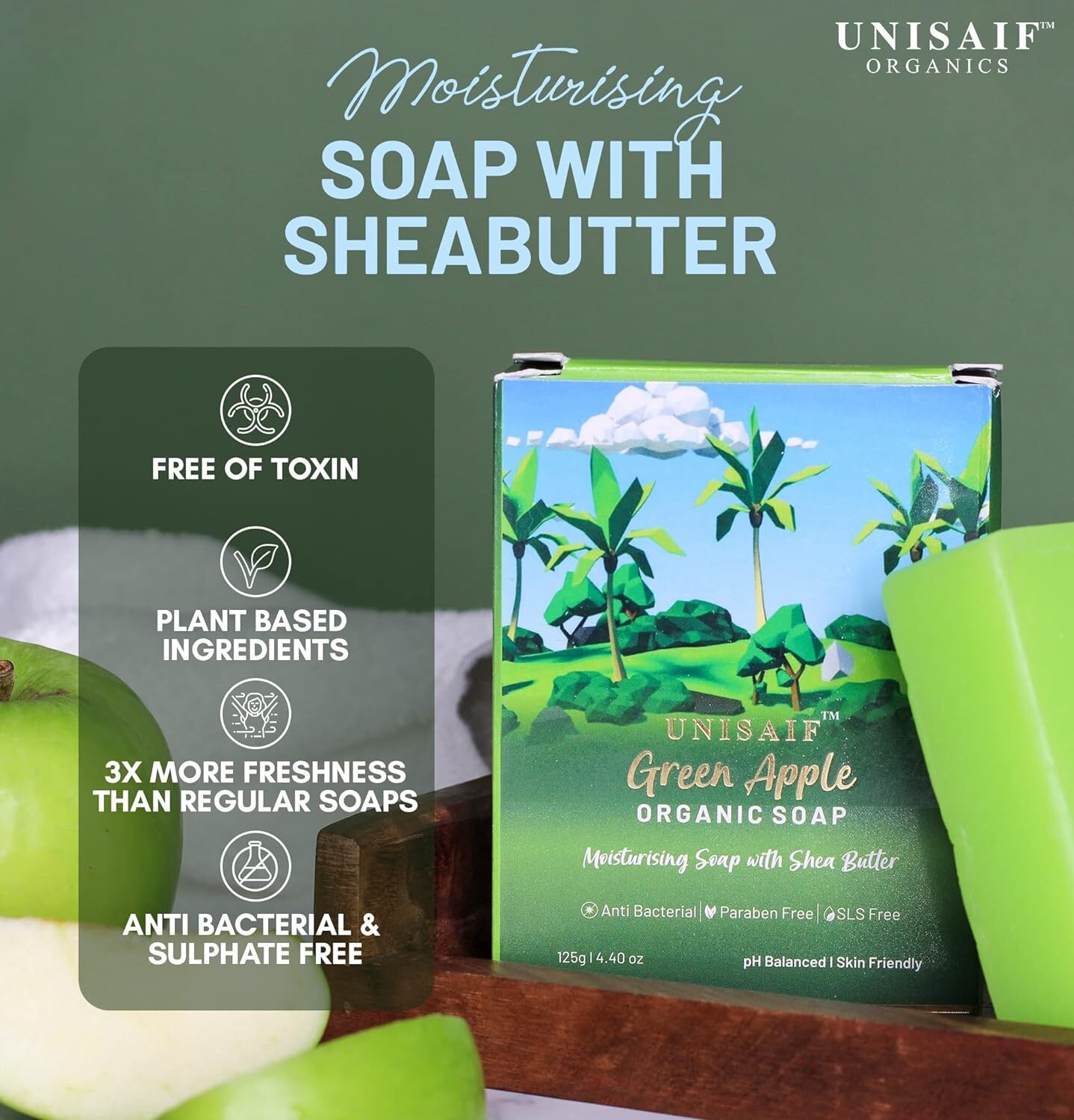 Unisaif Green Apple Organic Body Soap Bar, Moisturizing Soap With Shea Butter